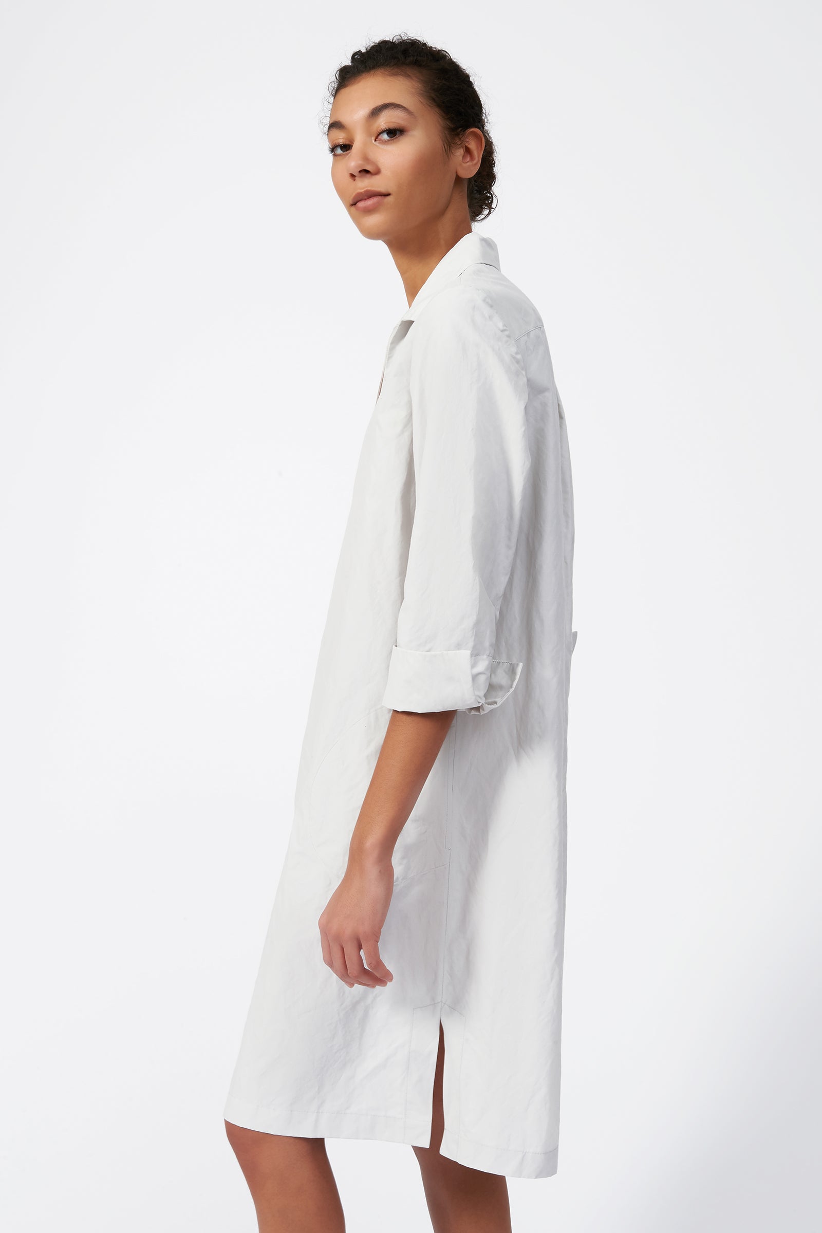 Kal Rieman Cecil Collared V-Neck Dress in Stone on model side view