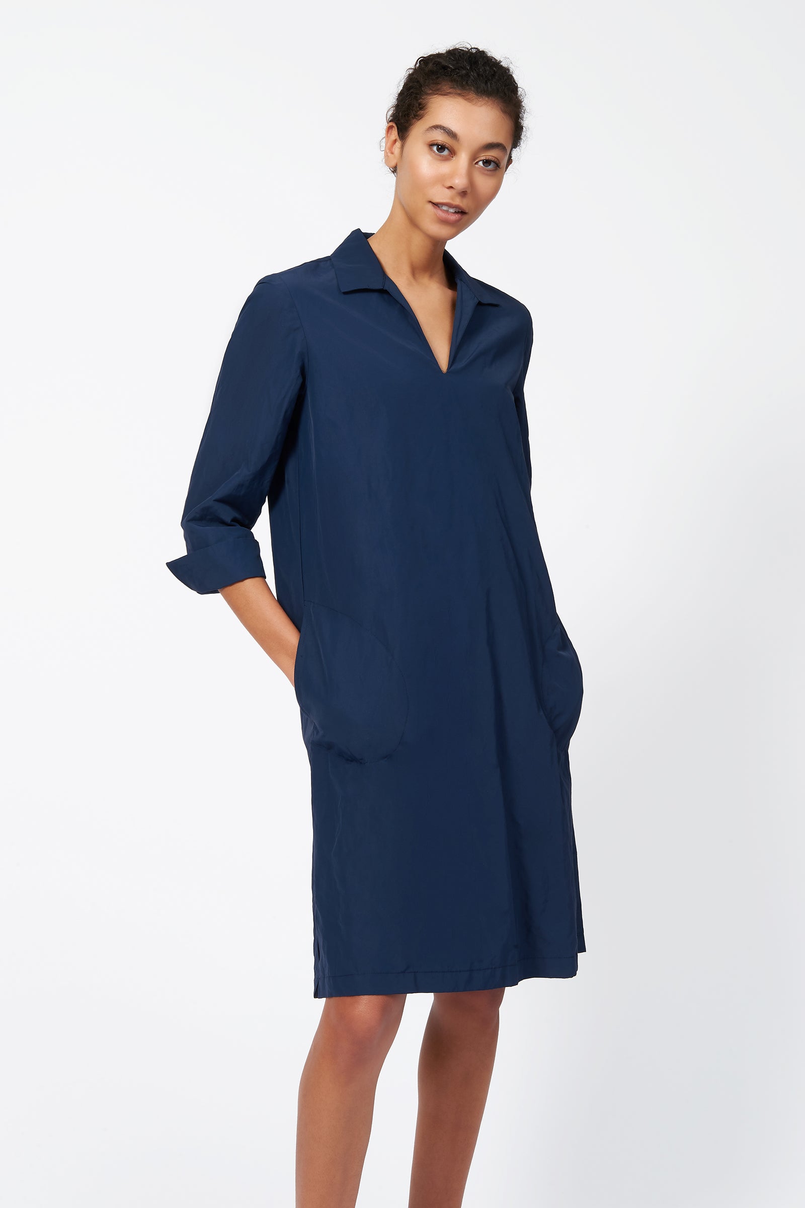 Kal Rieman Cecil Collared V-Neck Dress in Summer Navy on model with hands in pockets front view