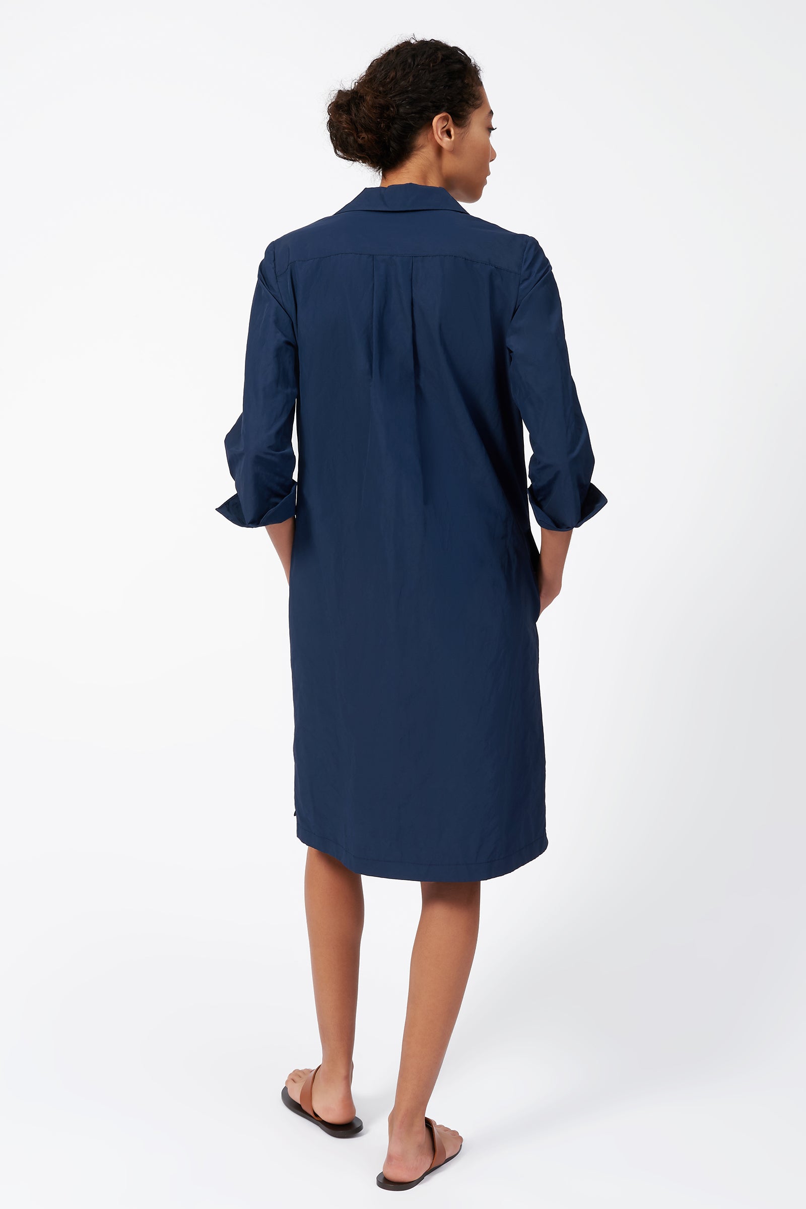 Kal Rieman Cecil Collared V-Neck Dress in Summer Navy on model touching collar front view