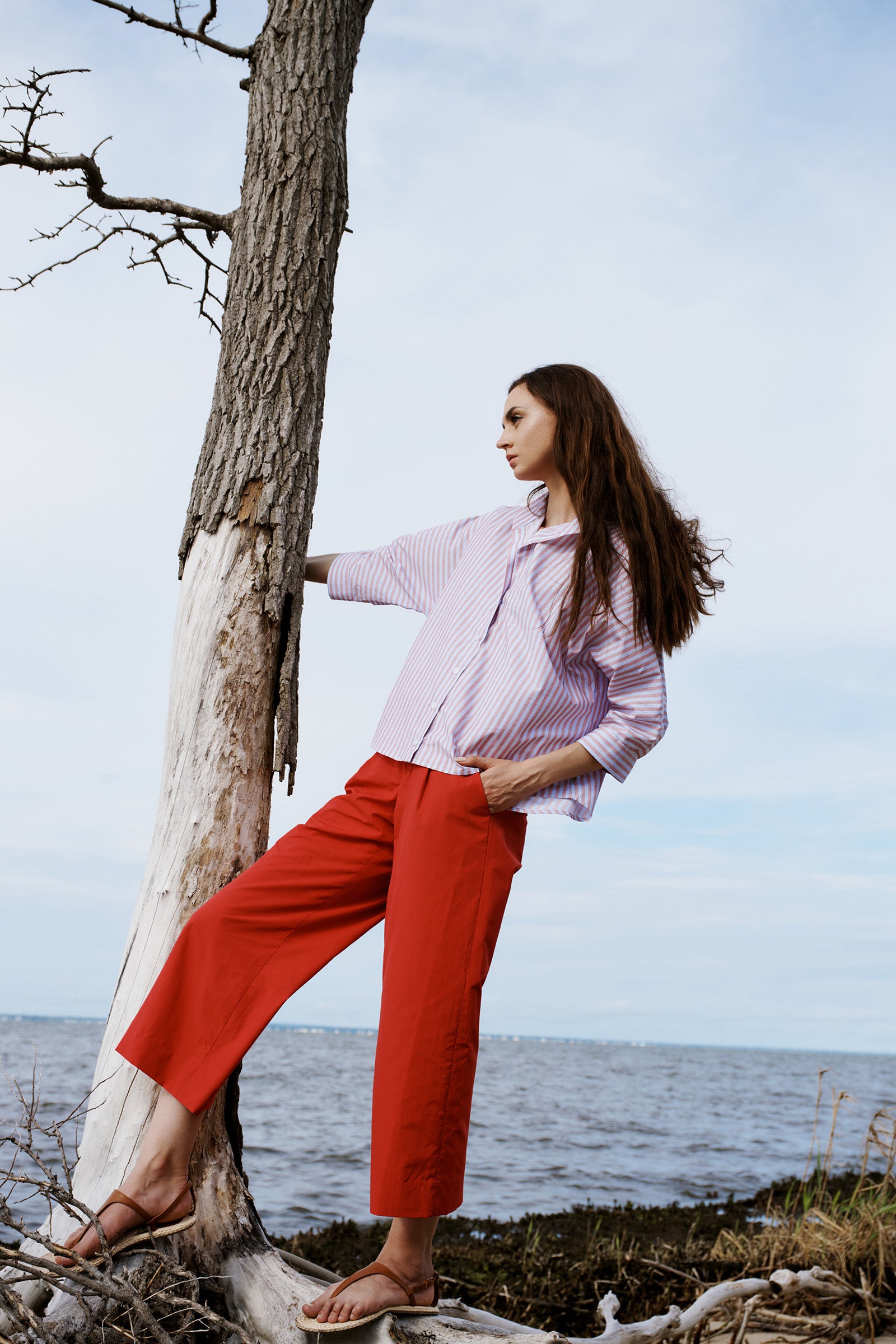 Kal Rieman Avi Shirt in Cabana Stripe Red on model lookbook image