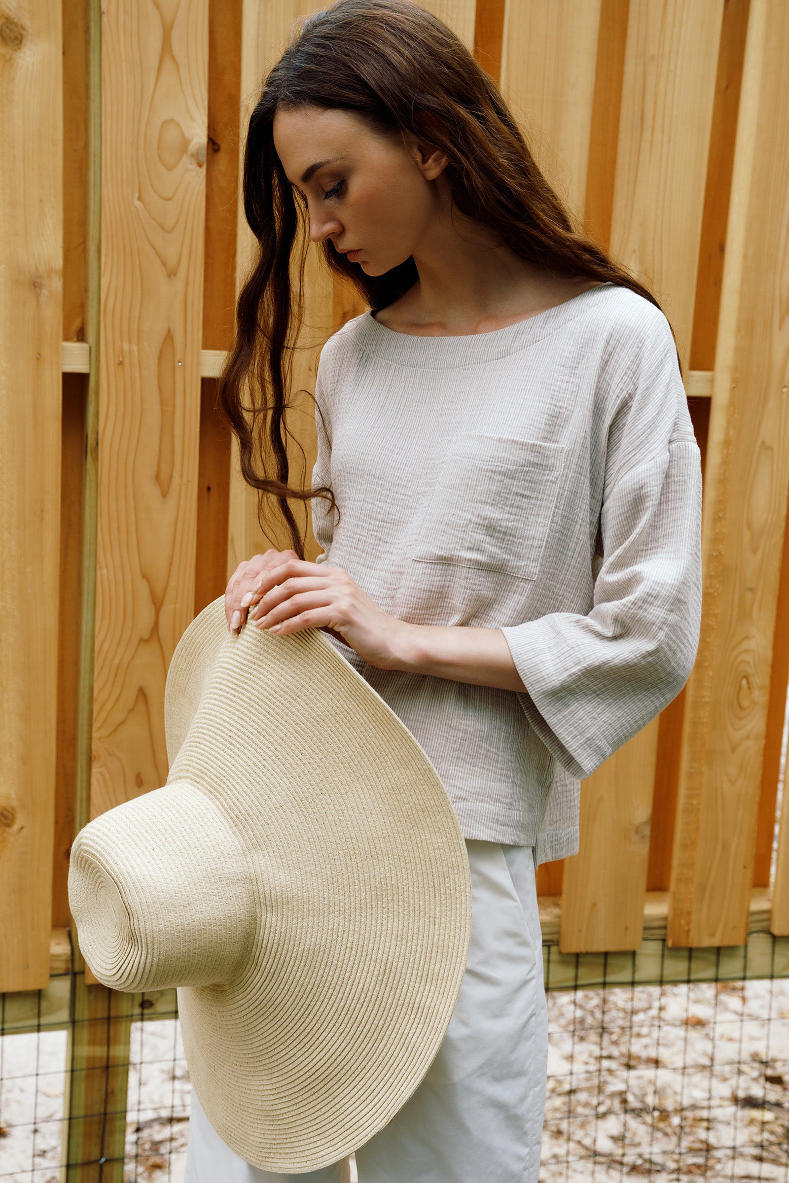 Kal Rieman Carmen Pocket Tee in Beige on model lookbook image side view