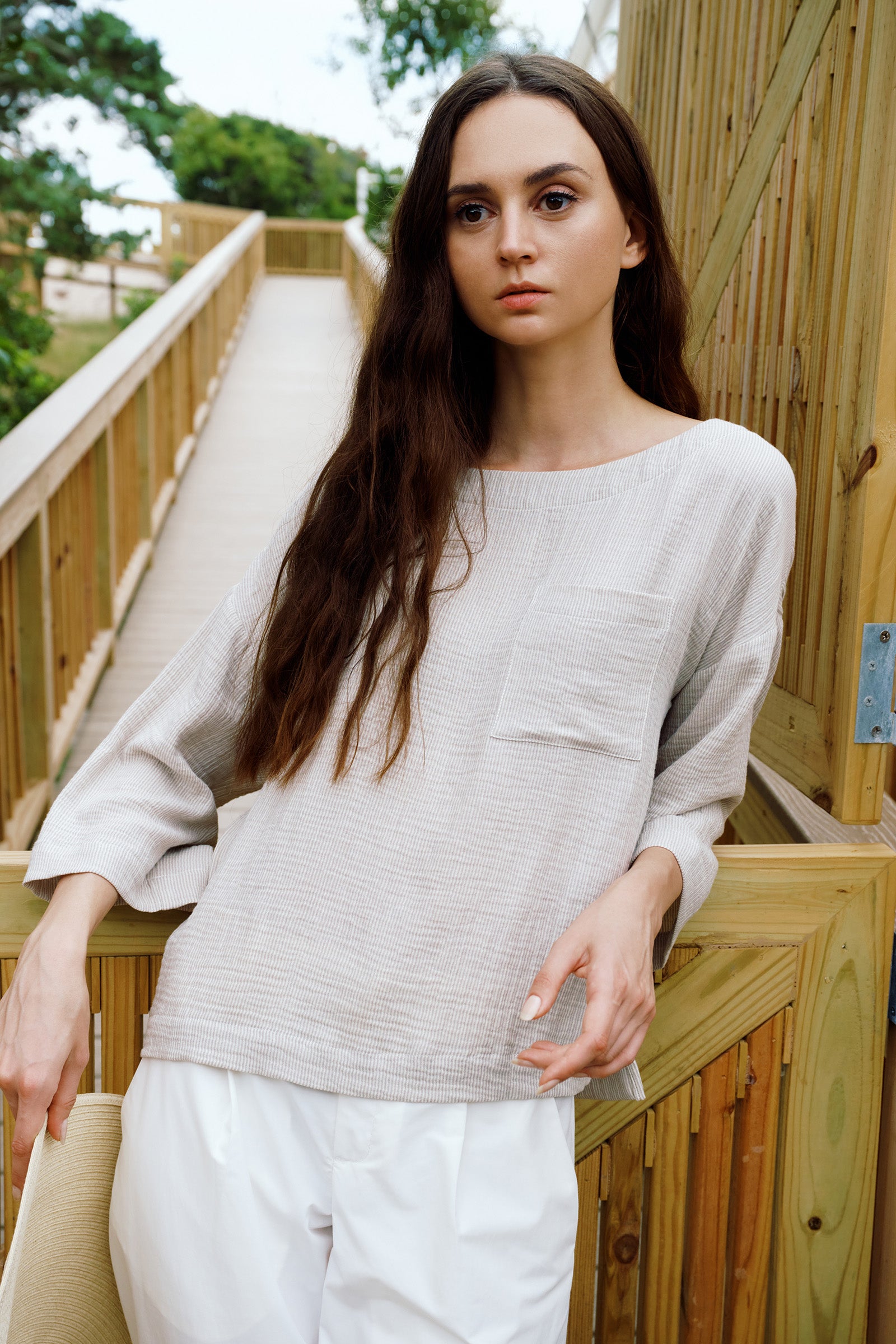 Kal Rieman Carmen Pocket Tee in Beige on model lookbook image front view