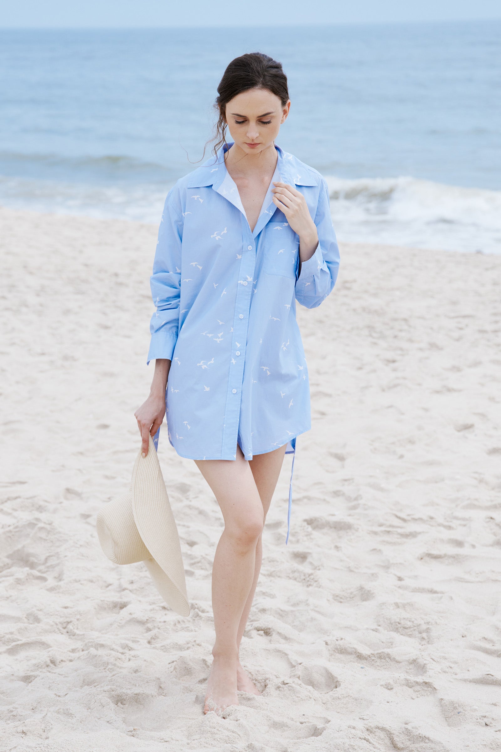 Kal Rieman Deanna Shirt in Oxford Blue Bird Print on model lookbook image new