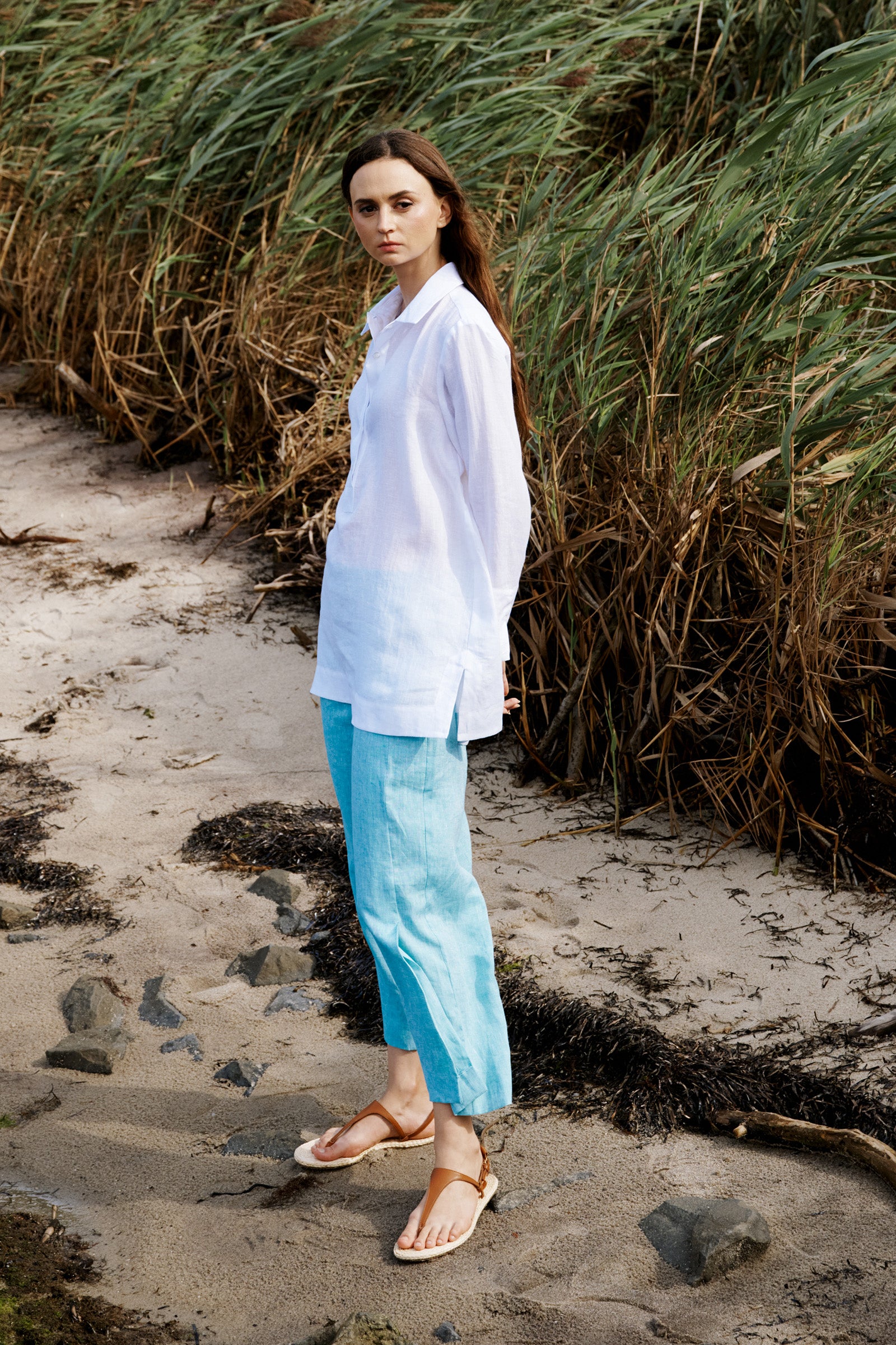 Kal Rieman Inez Placket Tunic in White on model lookbook image side view