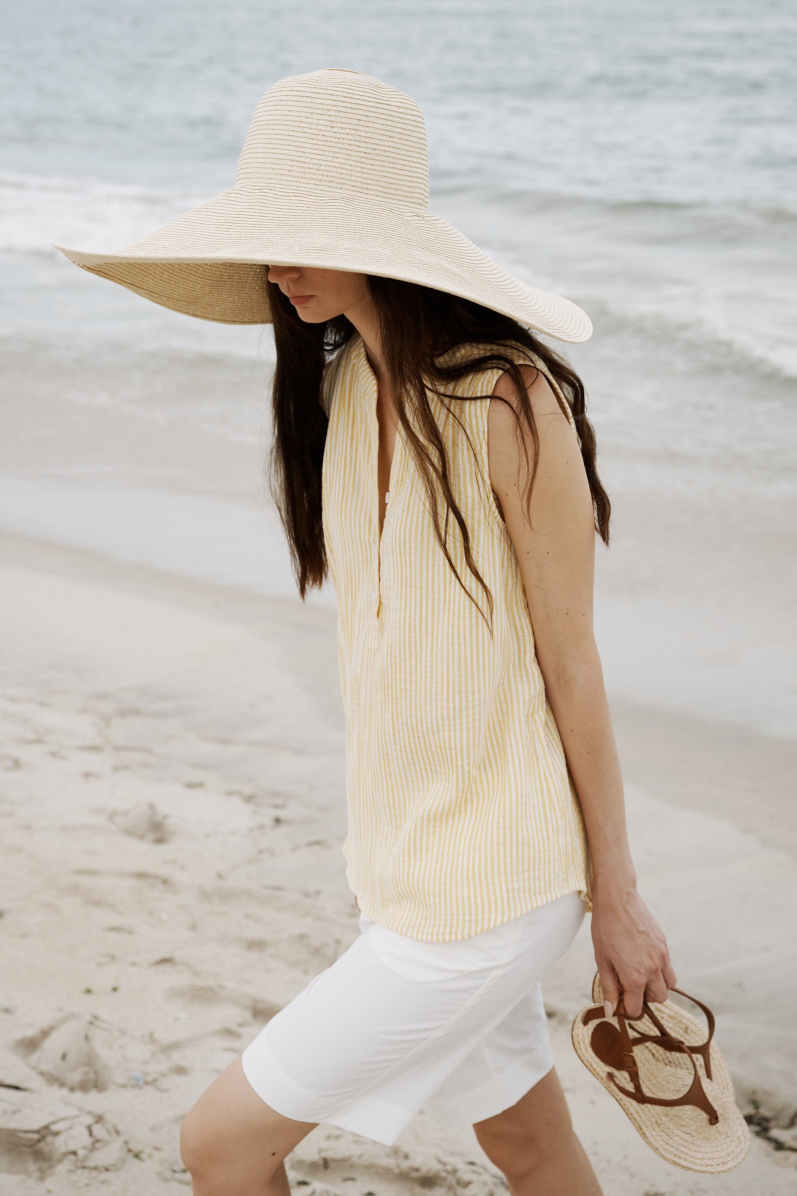Kal Rieman Jolie Gauze Tank in Honey Stripe on model lookbook image