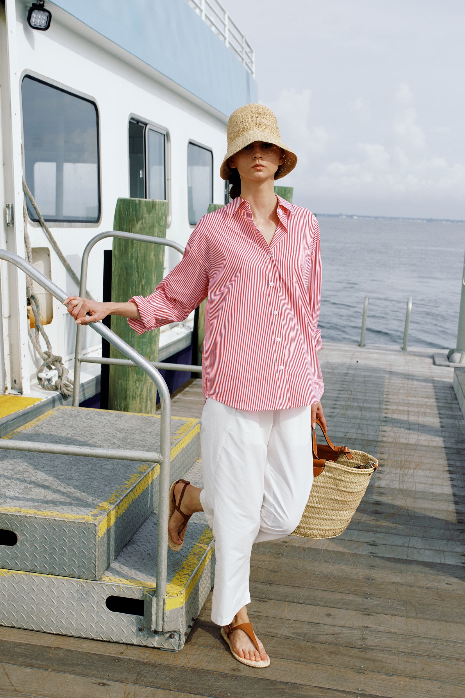 Kal Rieman Joni Boyfriend Shirt in Miami Stripe Red on model lookbook image