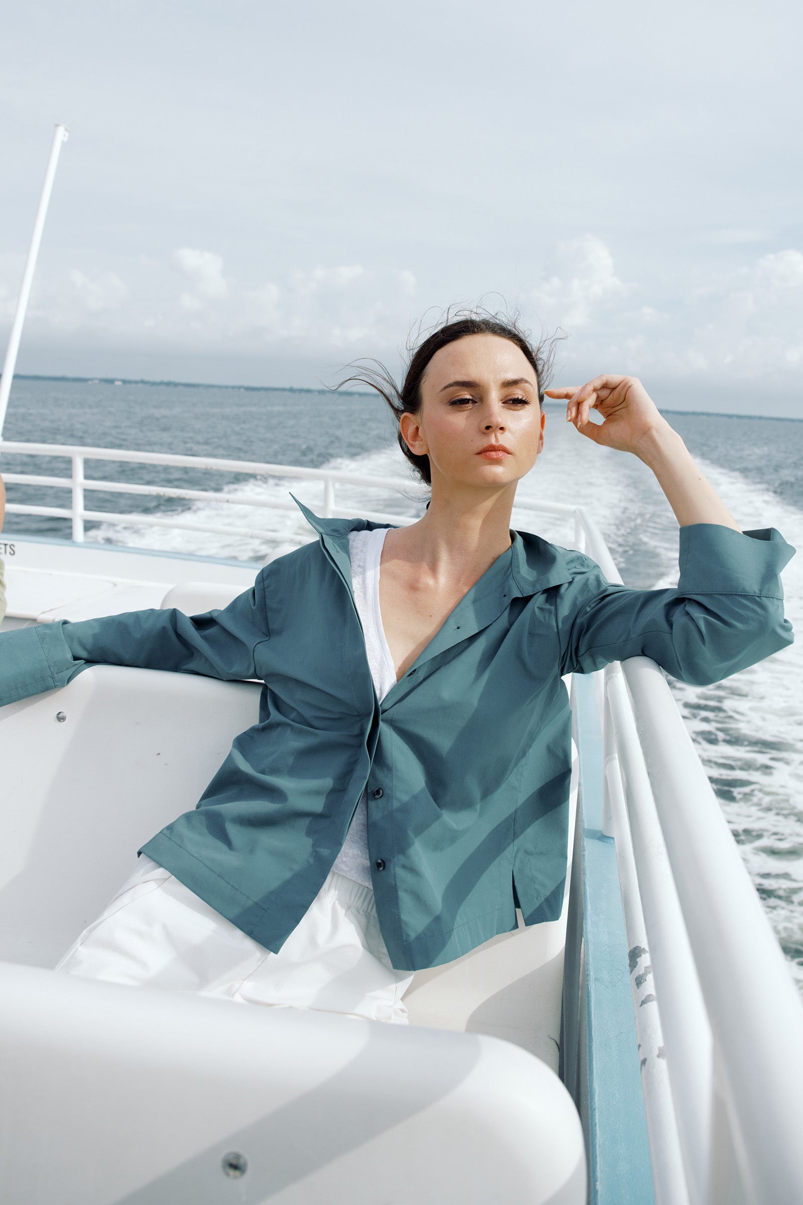 Kal Rieman Peggy Collared Shirt in Sage on model lookbook image