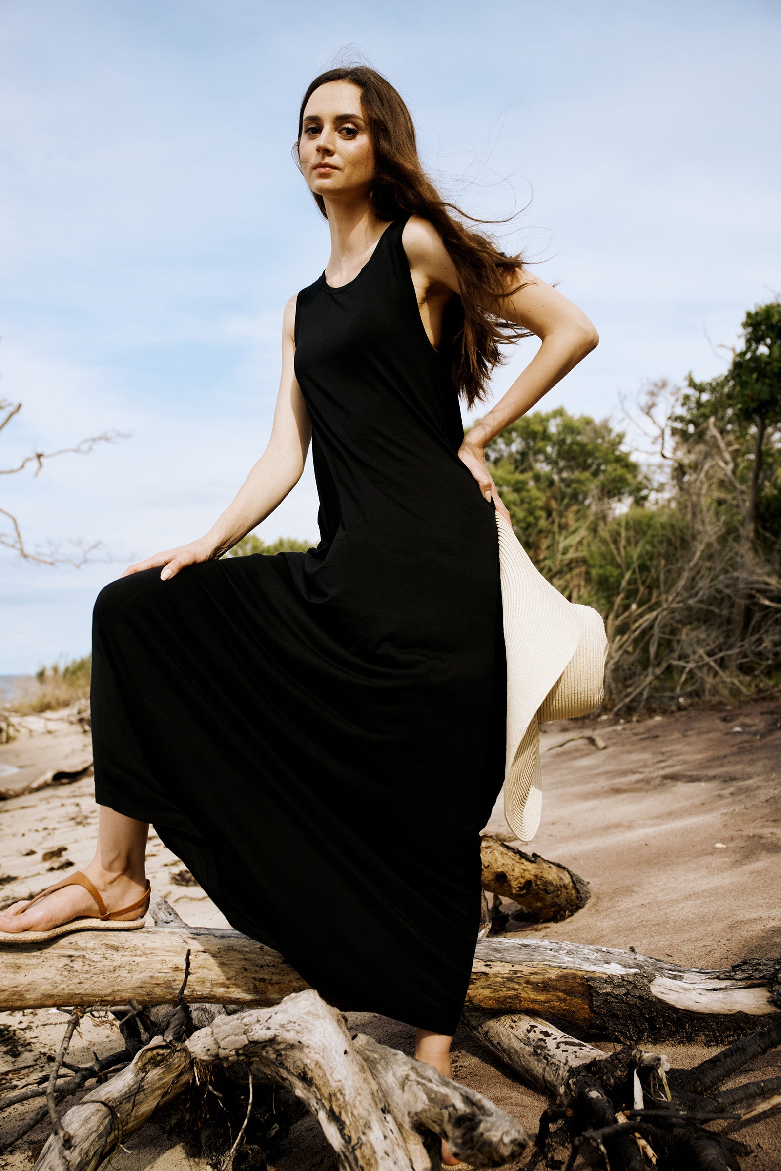 Kal Rieman Sophia Maxi Dress in Black on model walking full front view