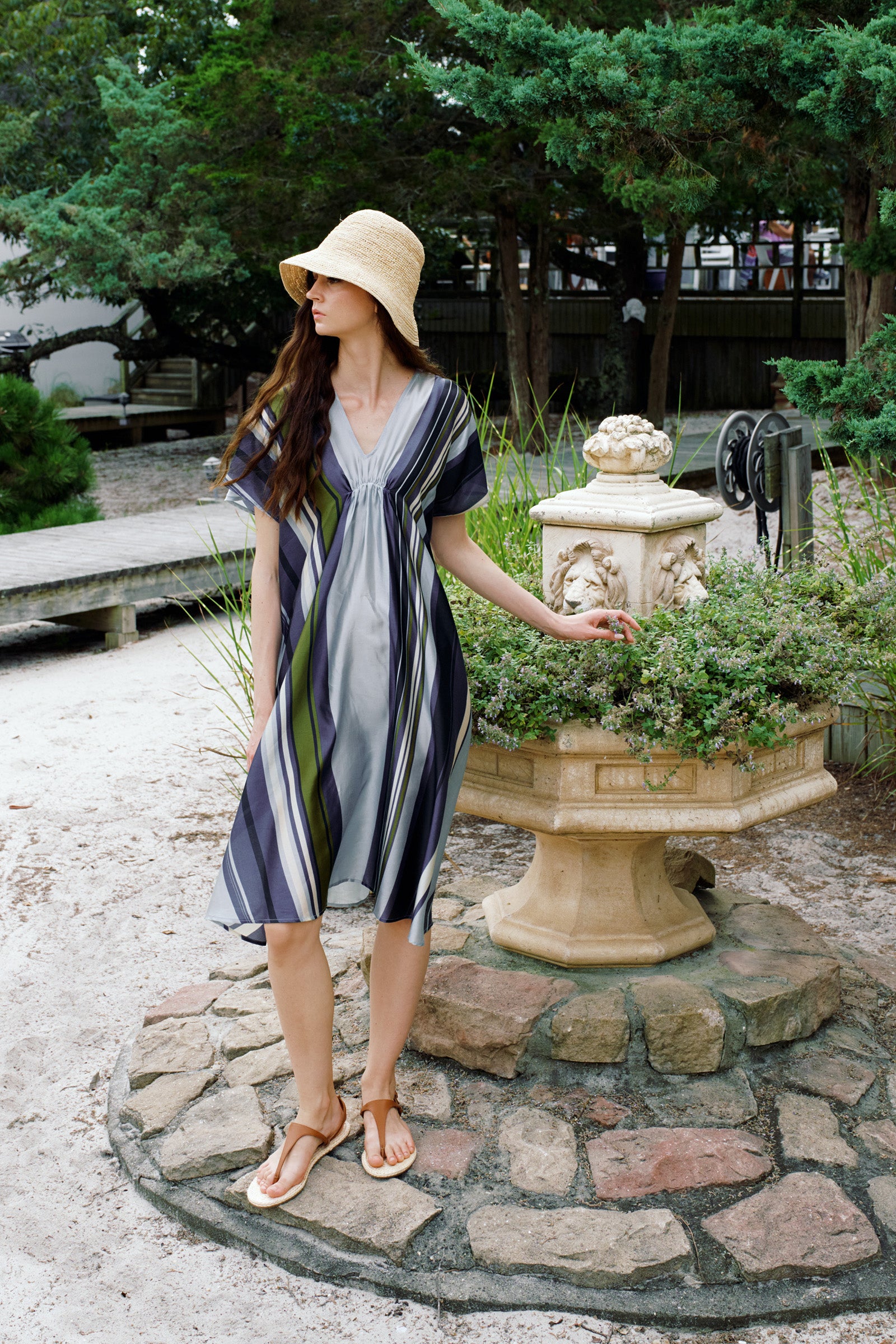 Kal Rieman Vanna Gather Front Dress in Multi Stripe on model lookbook image
