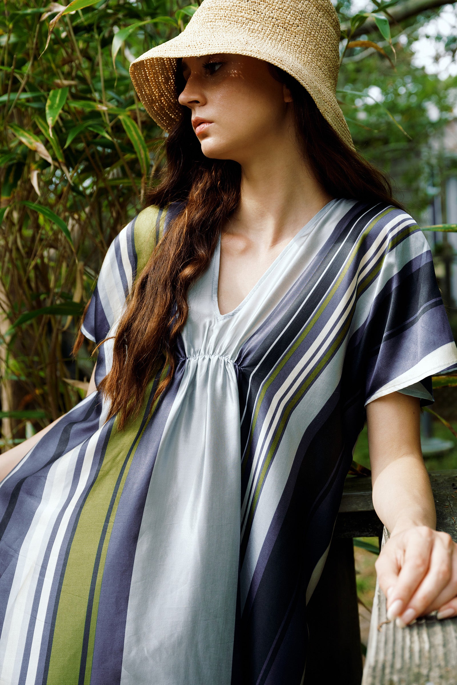 Kal Rieman Vanna Gather Front Dress in Multi Stripe on model lookbook image detail view