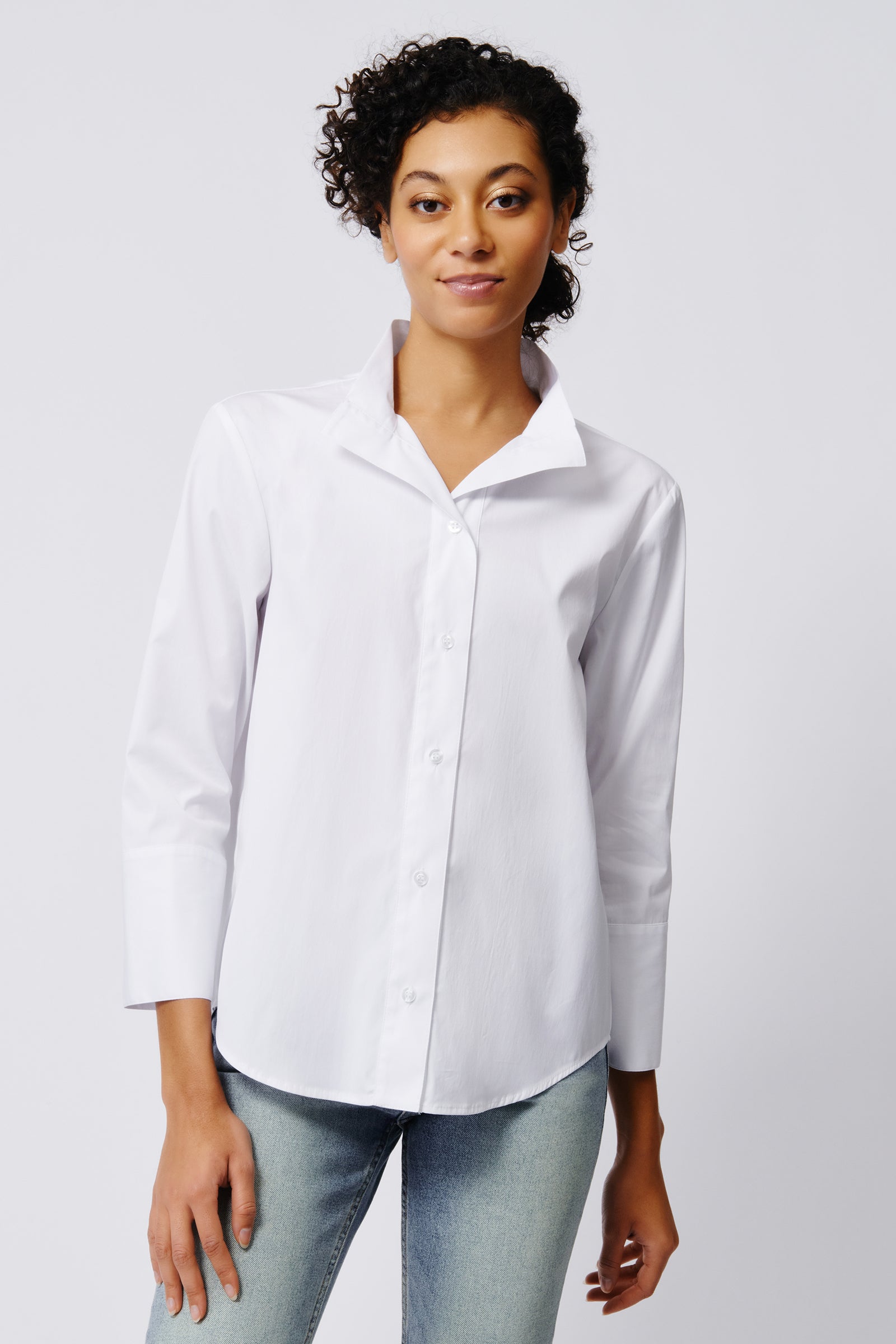 Kal Rieman Greta Placket Front Shirt in White Poplin on Model Front View Crop 2