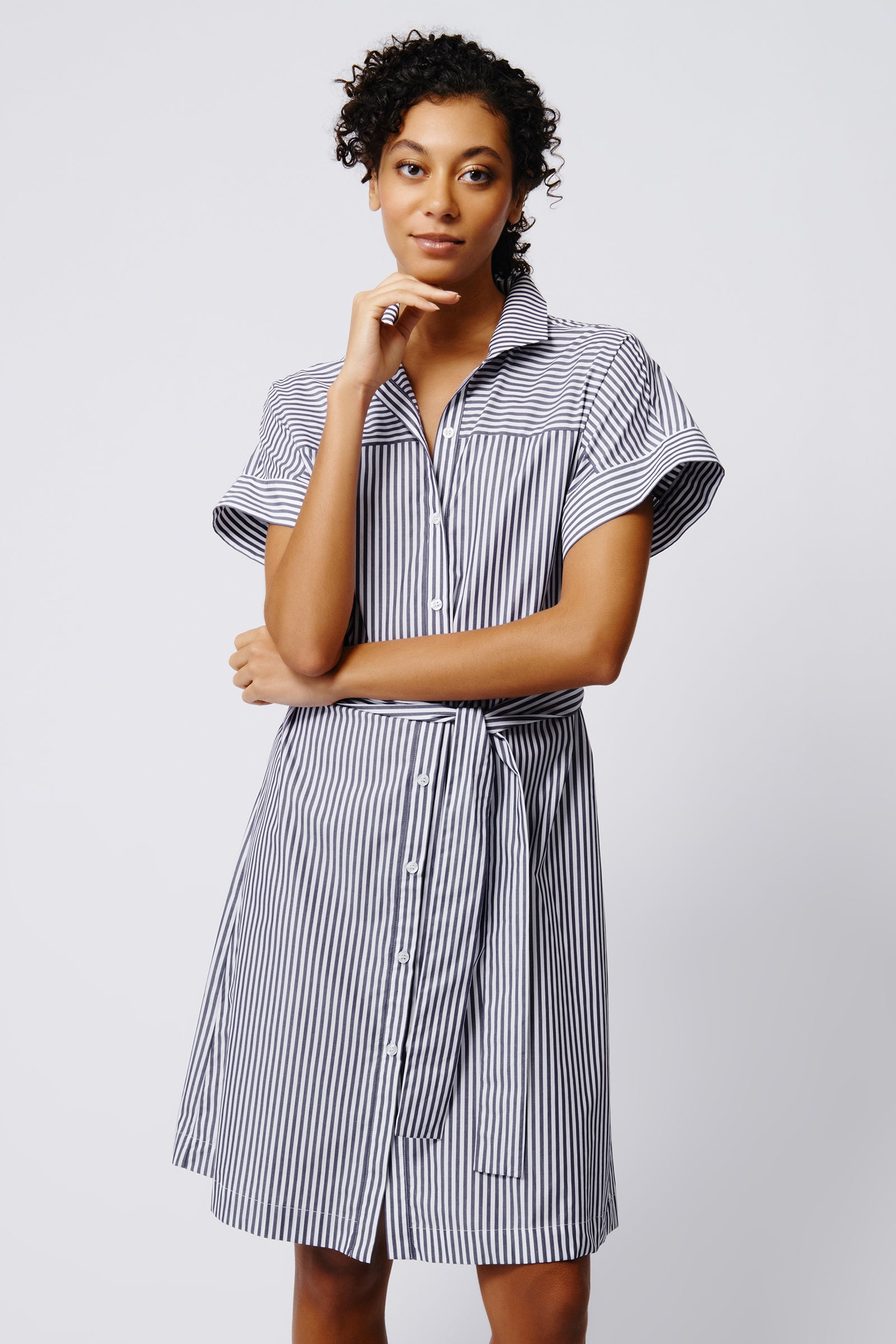 Kal Rieman Ava Yoke Kimono Dress in Indigo Stripe on Model Front View Crop