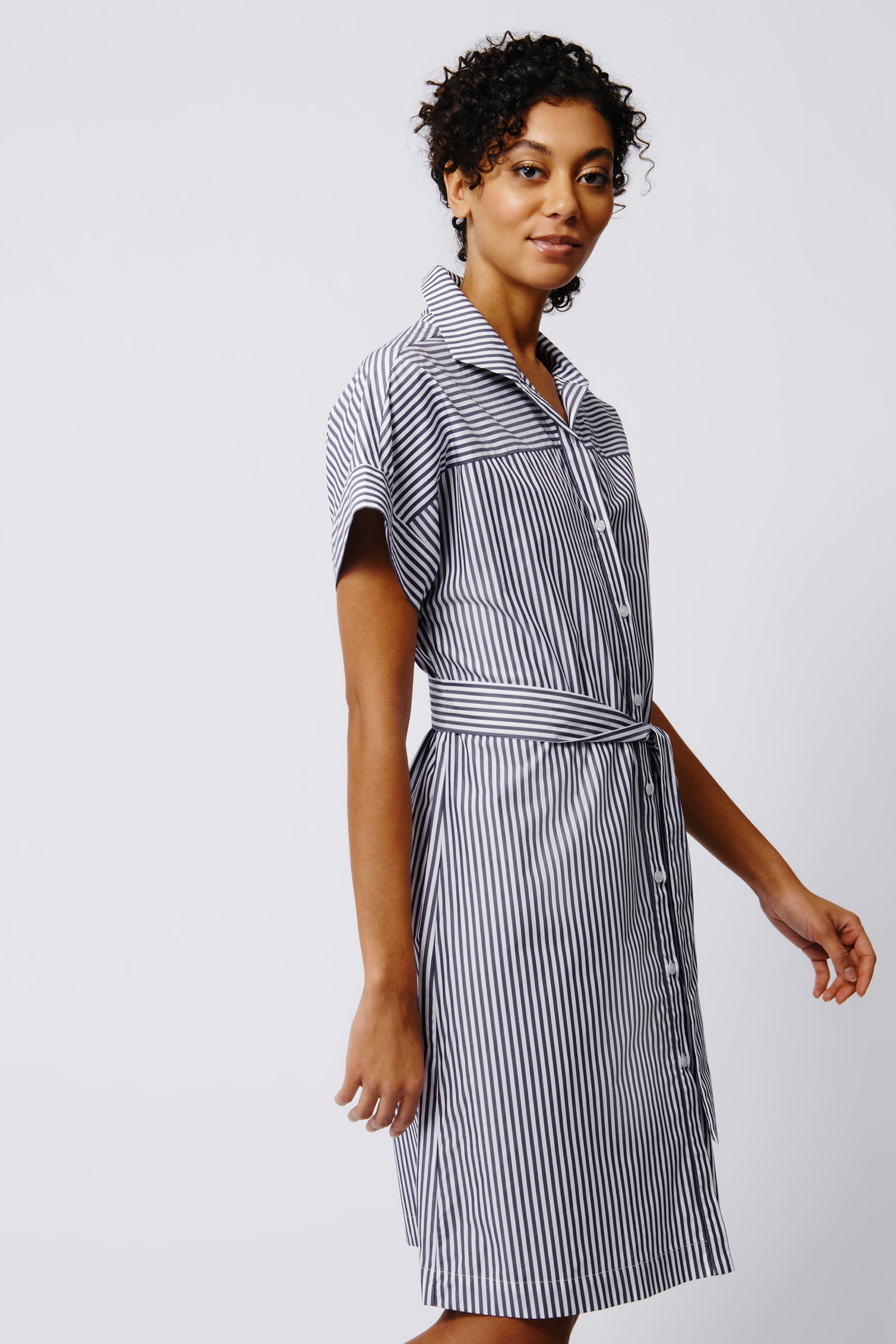 Kal Rieman Ava Yoke Kimono Dress in Indigo Stripe on Model Side View Crop