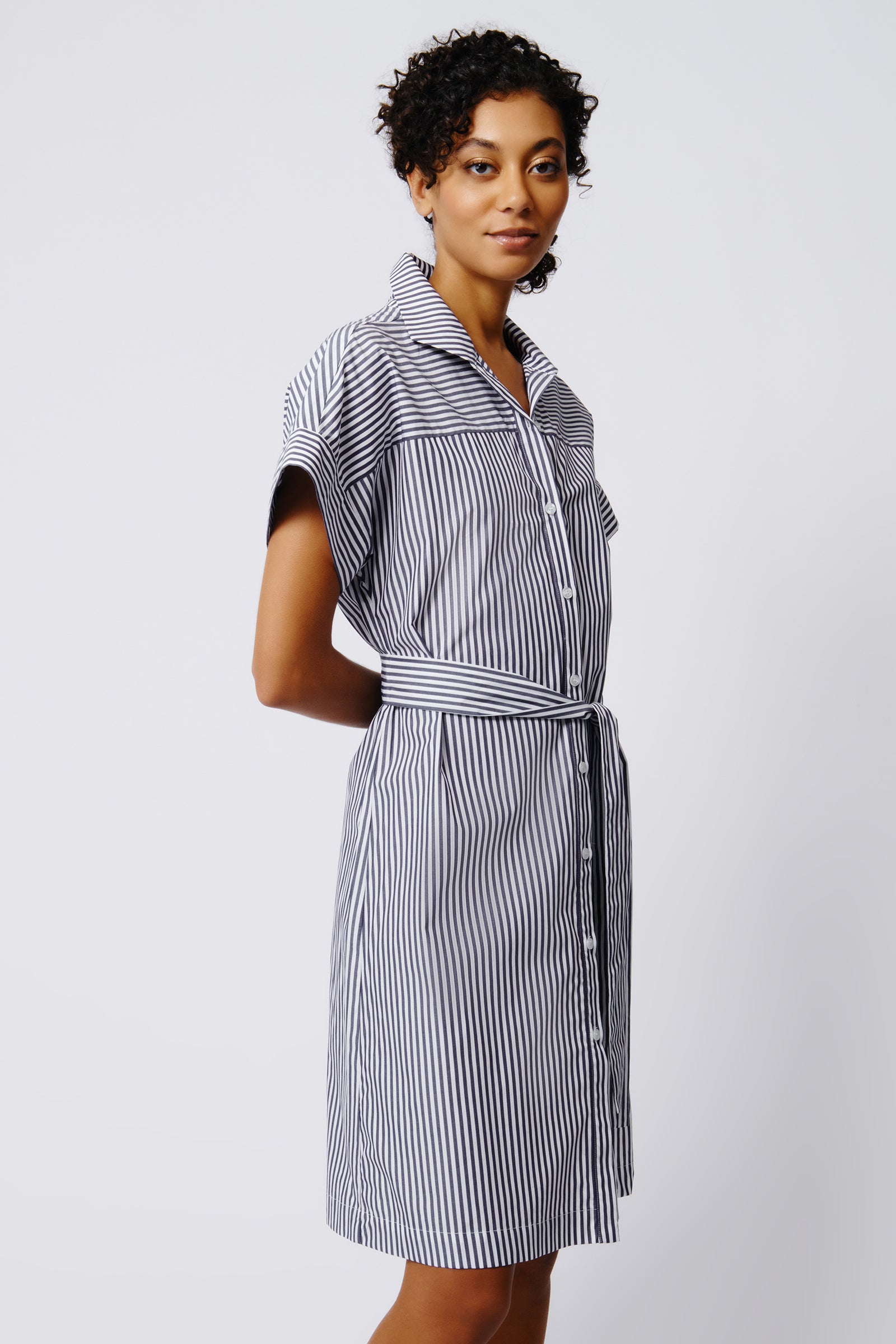 Kal Rieman Ava Yoke Kimono Dress in Indigo Stripe on Model Side View Crop 2
