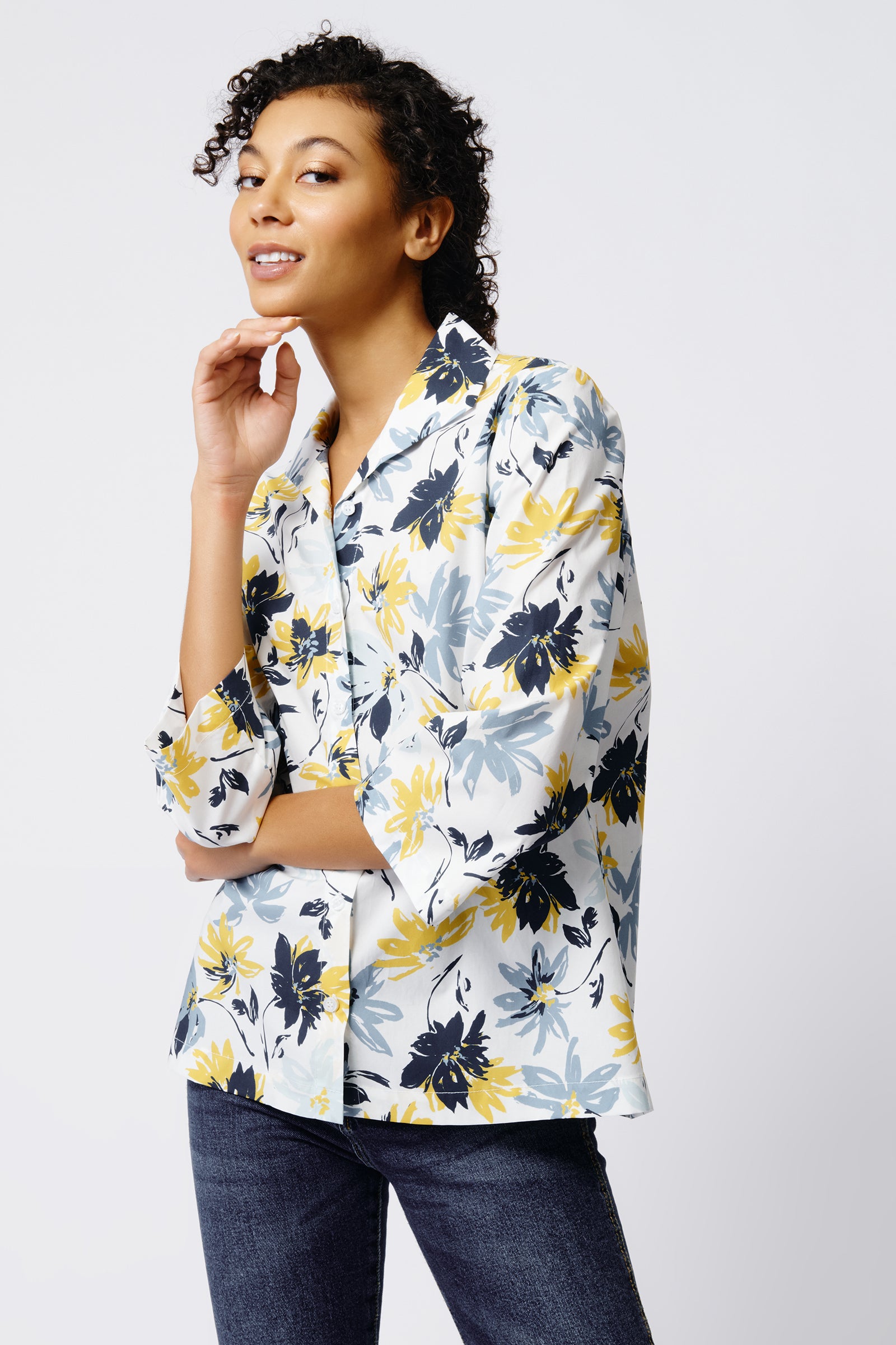 Kal Rieman 3/4 Sleeve Ginna in Seafoam Floral on Model Front View Crop 2