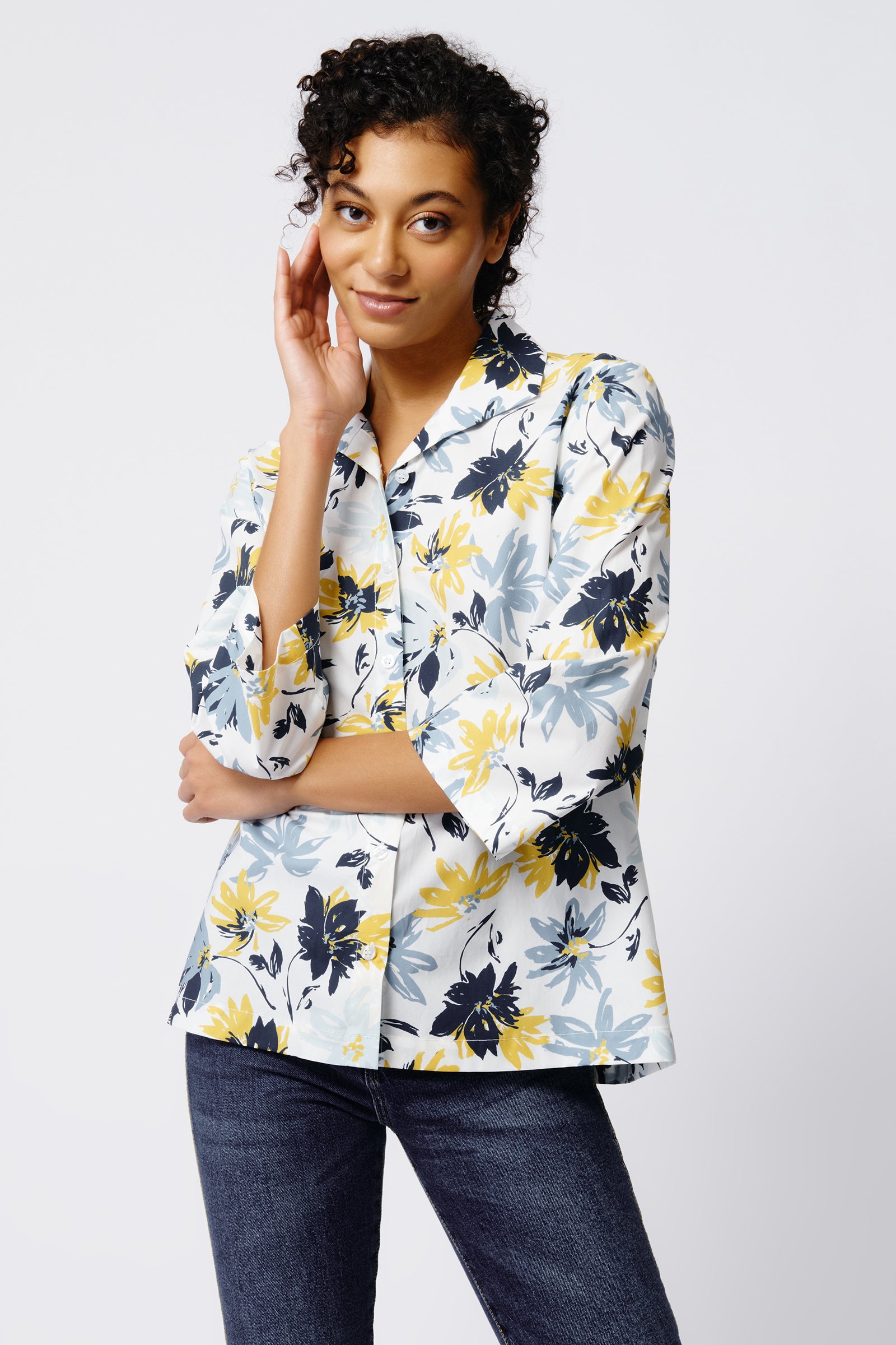 Kal Rieman 3/4 Sleeve Ginna in Seafoam Floral on Model Front View Crop 3