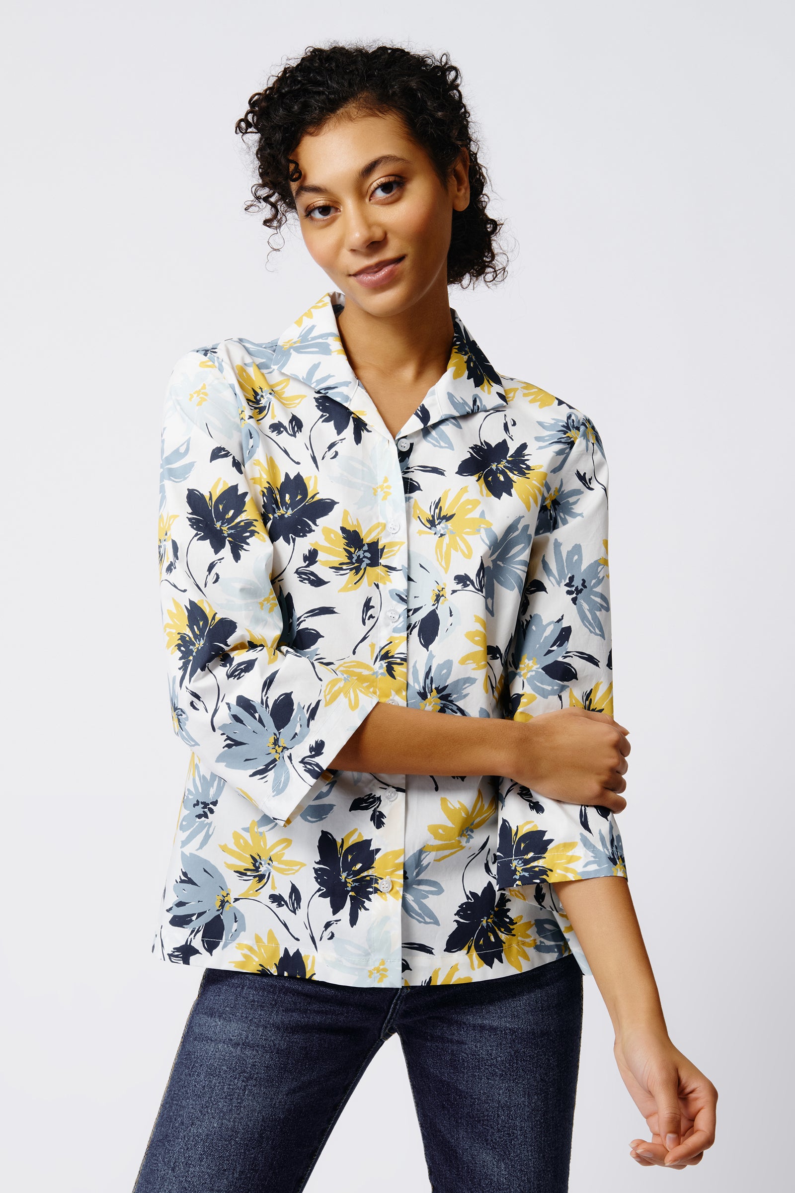 Kal Rieman 3/4 Sleeve Ginna in Seafoam Floral on Model Front View Crop