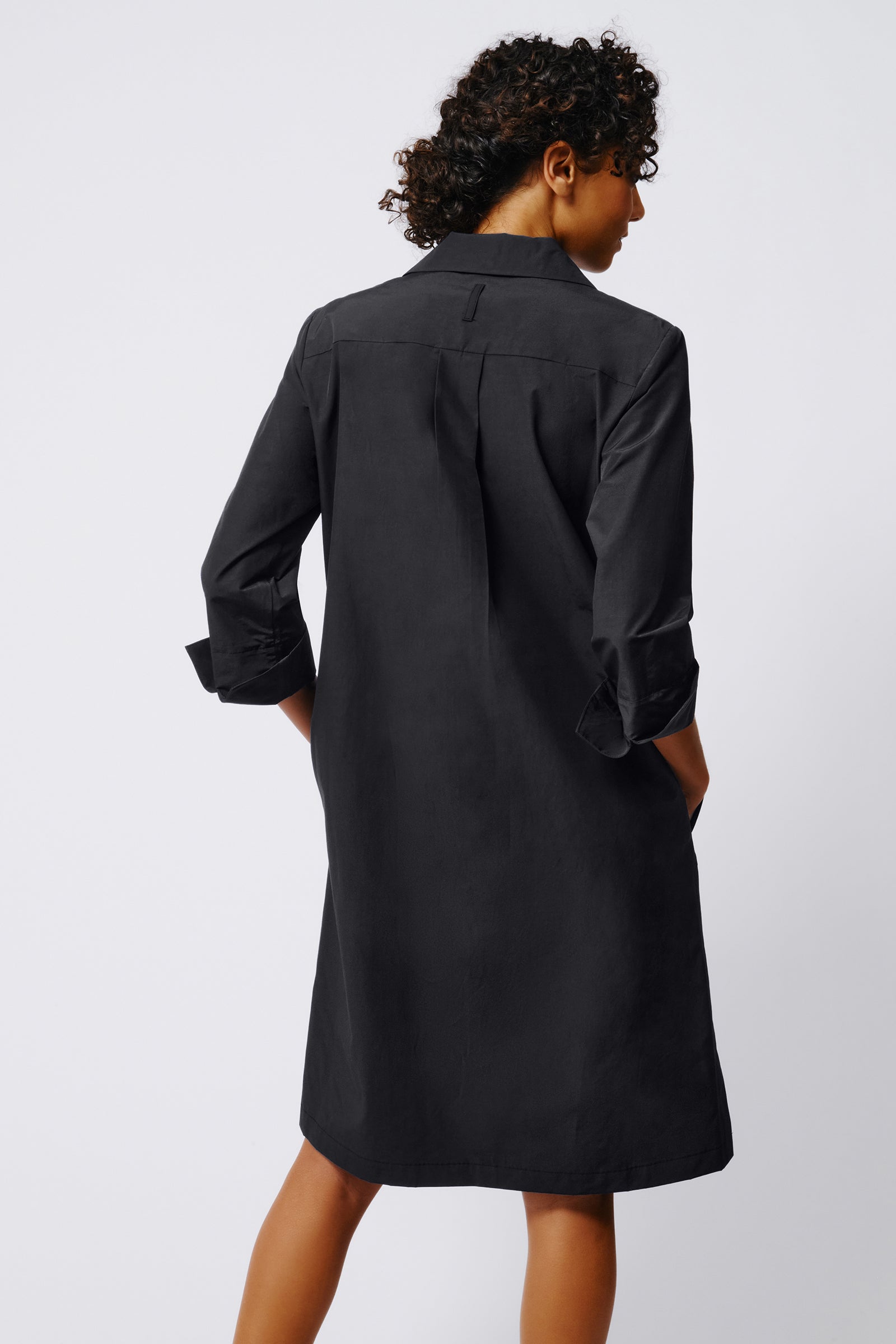 Kal Rieman Collared V Neck Dress in Black Broadcloth on Model Back View Crop