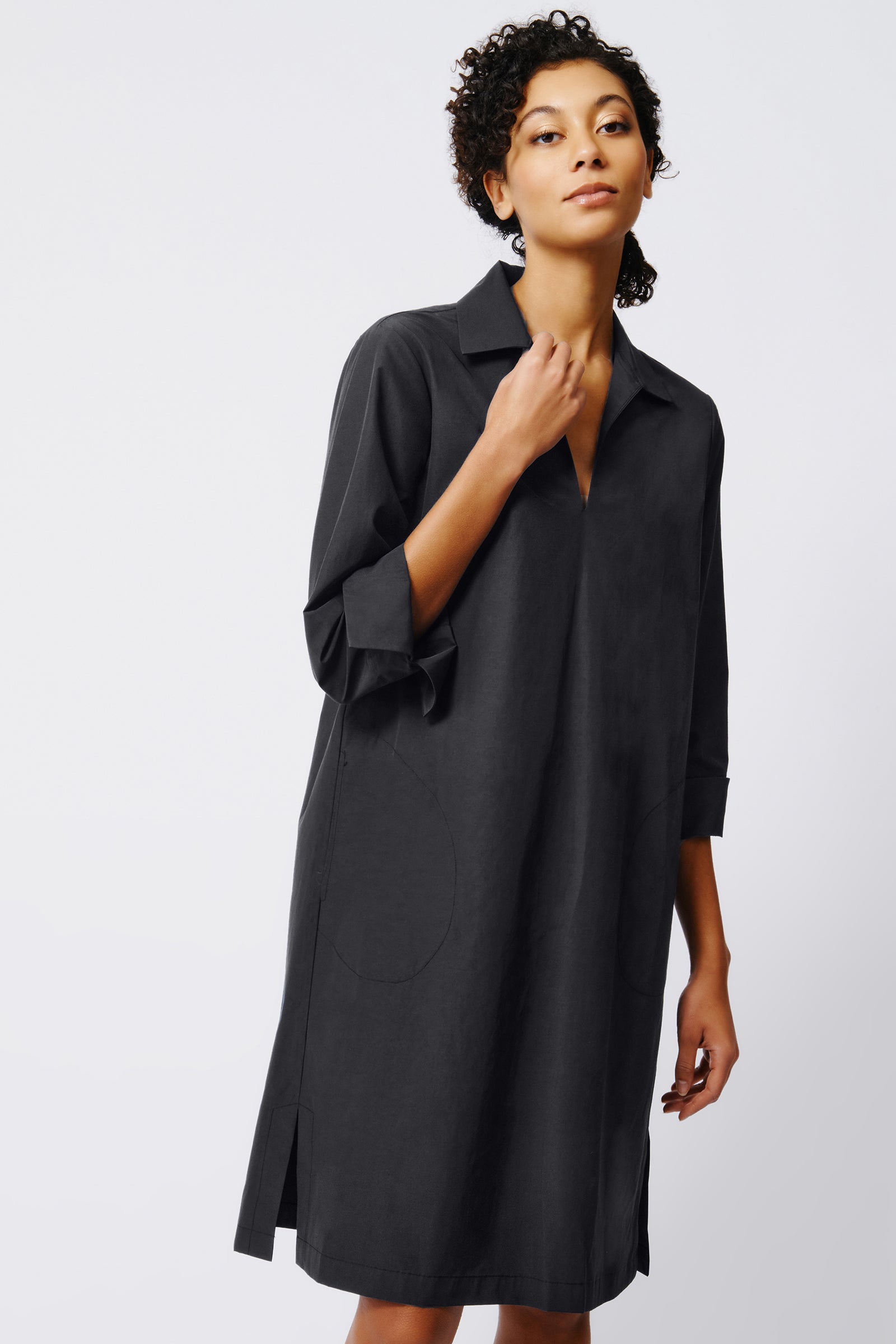 Kal Rieman Collared V Neck Dress in Black Broadcloth on Model Front View Crop
