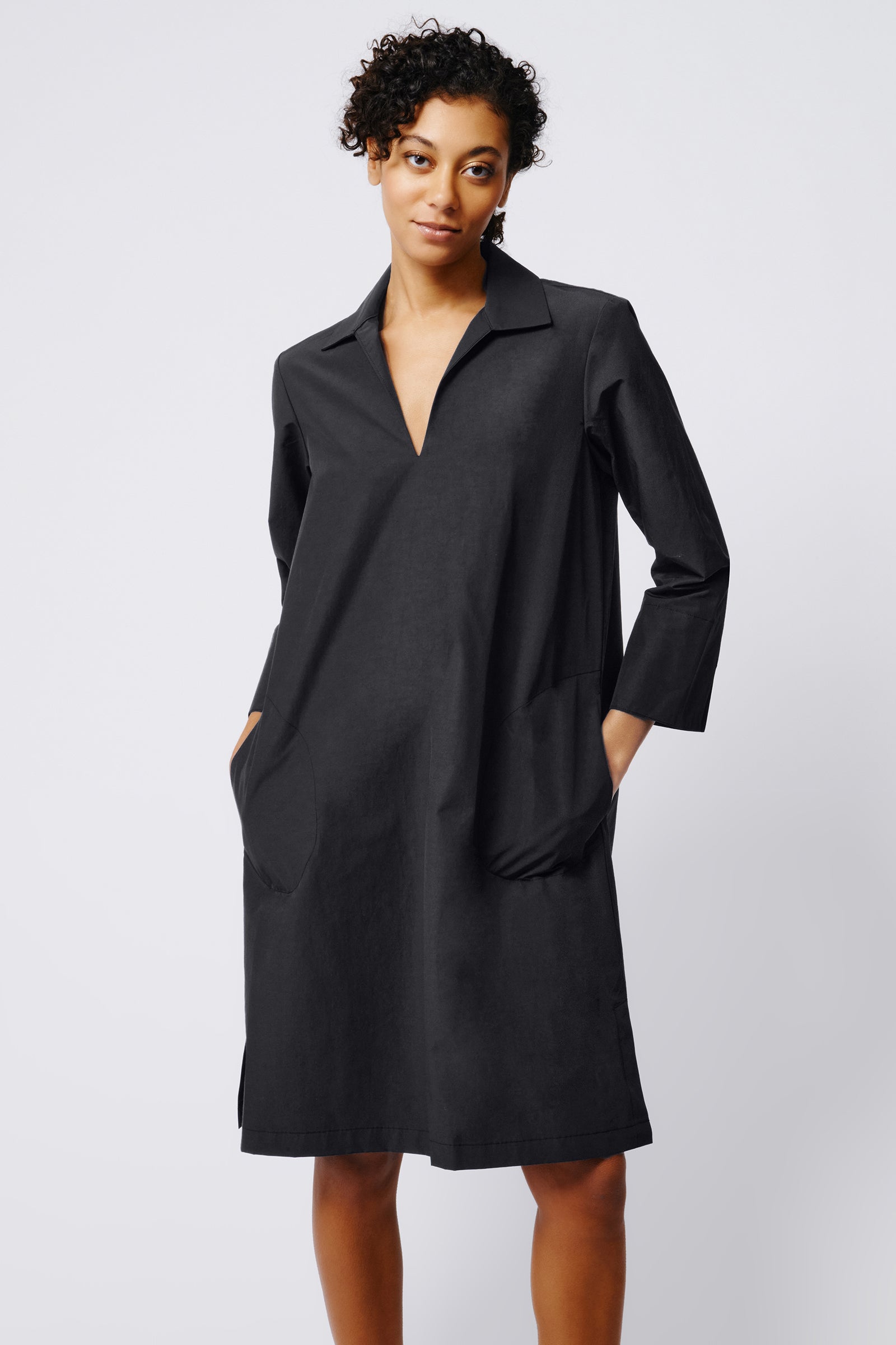 Kal Rieman Collared V Neck Dress in Black Broadcloth on Model Front View Crop 5