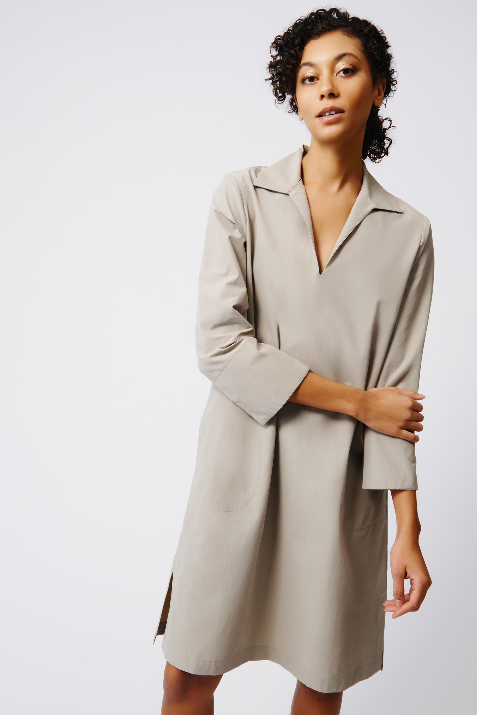 Kal Rieman Collared V Neck Dress in Military Khaki on Model Front View Crop 4