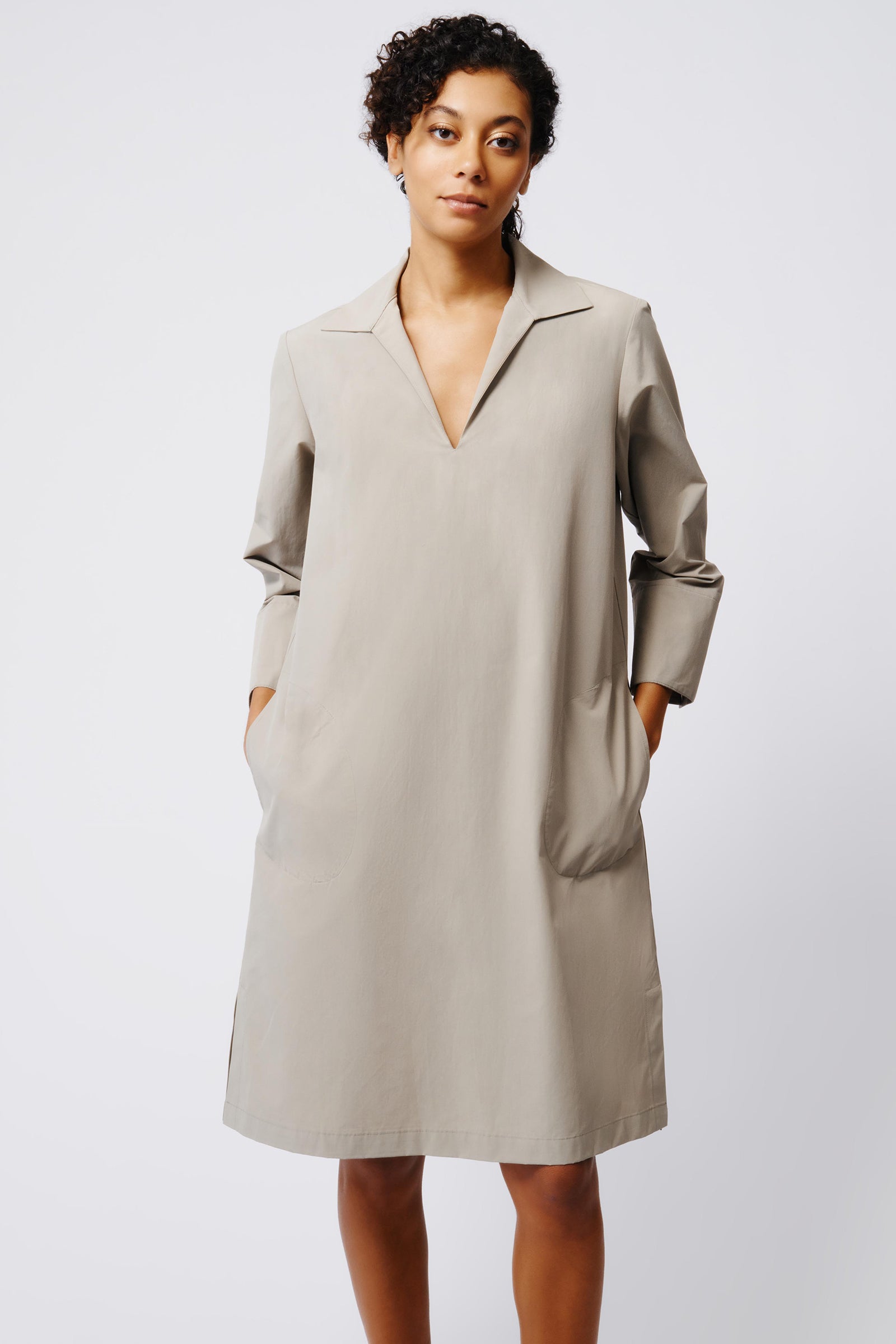 Kal Rieman Collared V Neck Dress in Military Khaki on Model Front View Crop 5