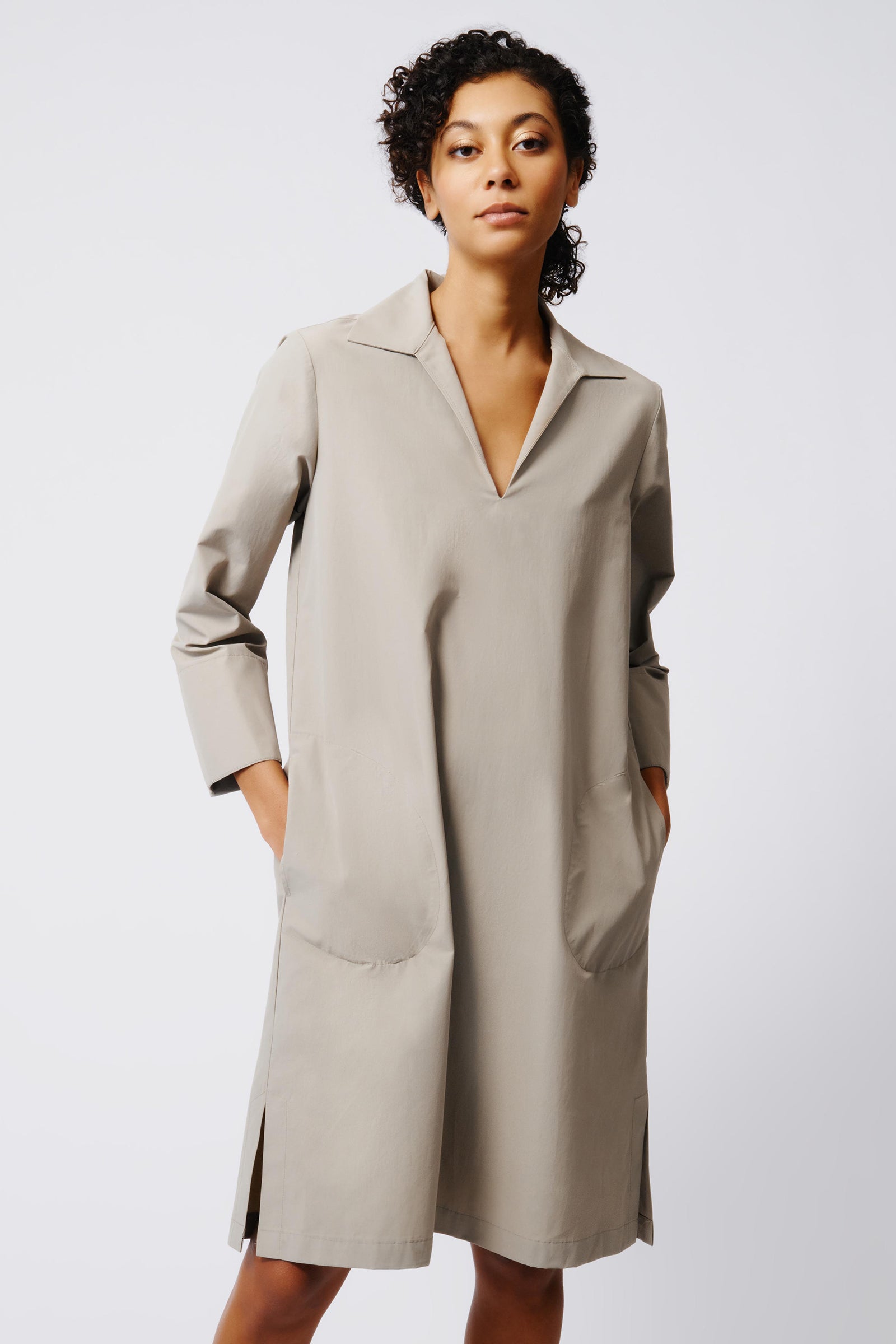 Kal Rieman Collared V Neck Dress in Military Khaki on Model Front View Crop 6