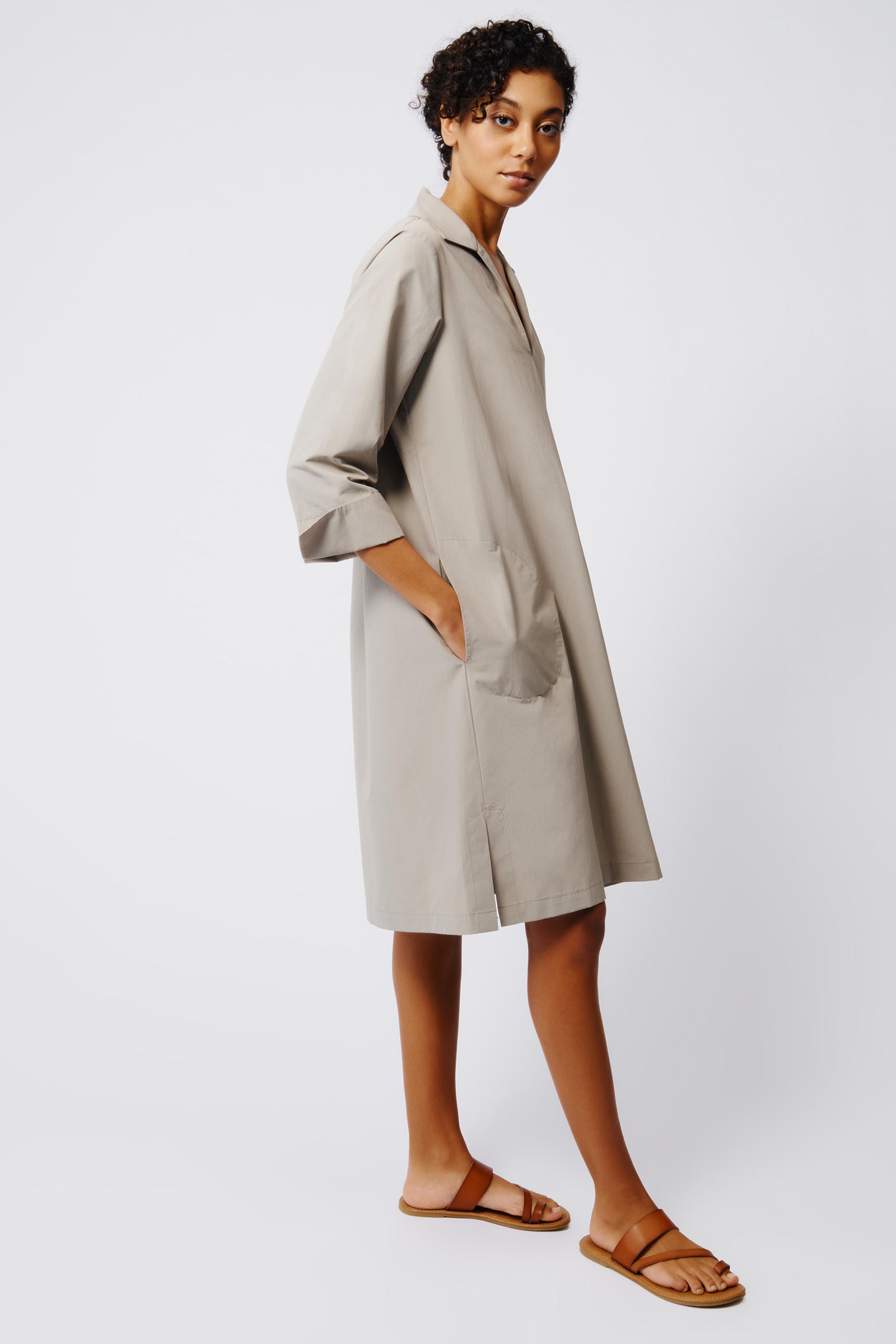 Kal Rieman Collared V Neck Dress in Military Khaki on Model Full Side View