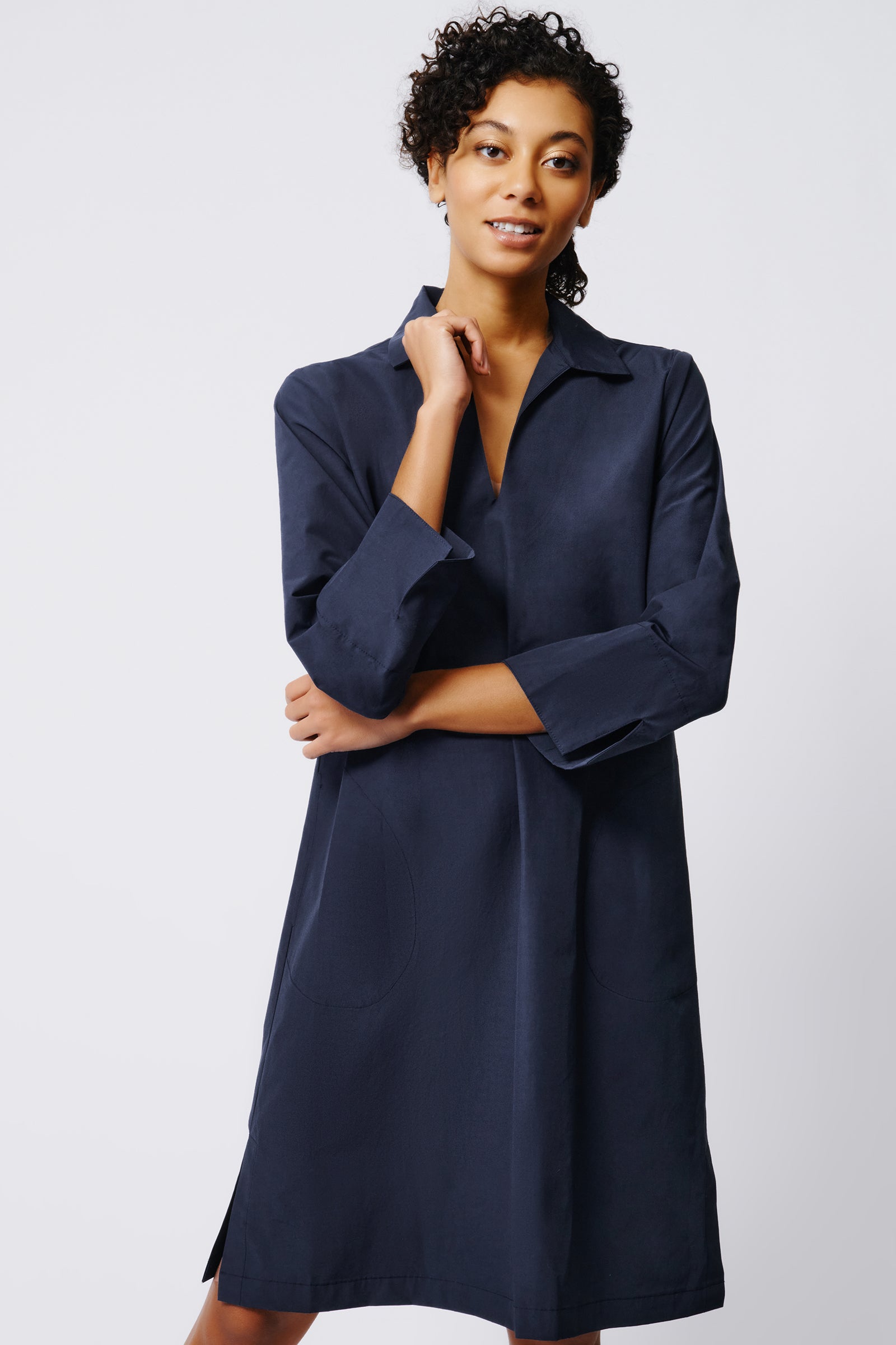 Kal Rieman Collared V Neck Dress in Navy Broadcloth on Model Front View Crop 3