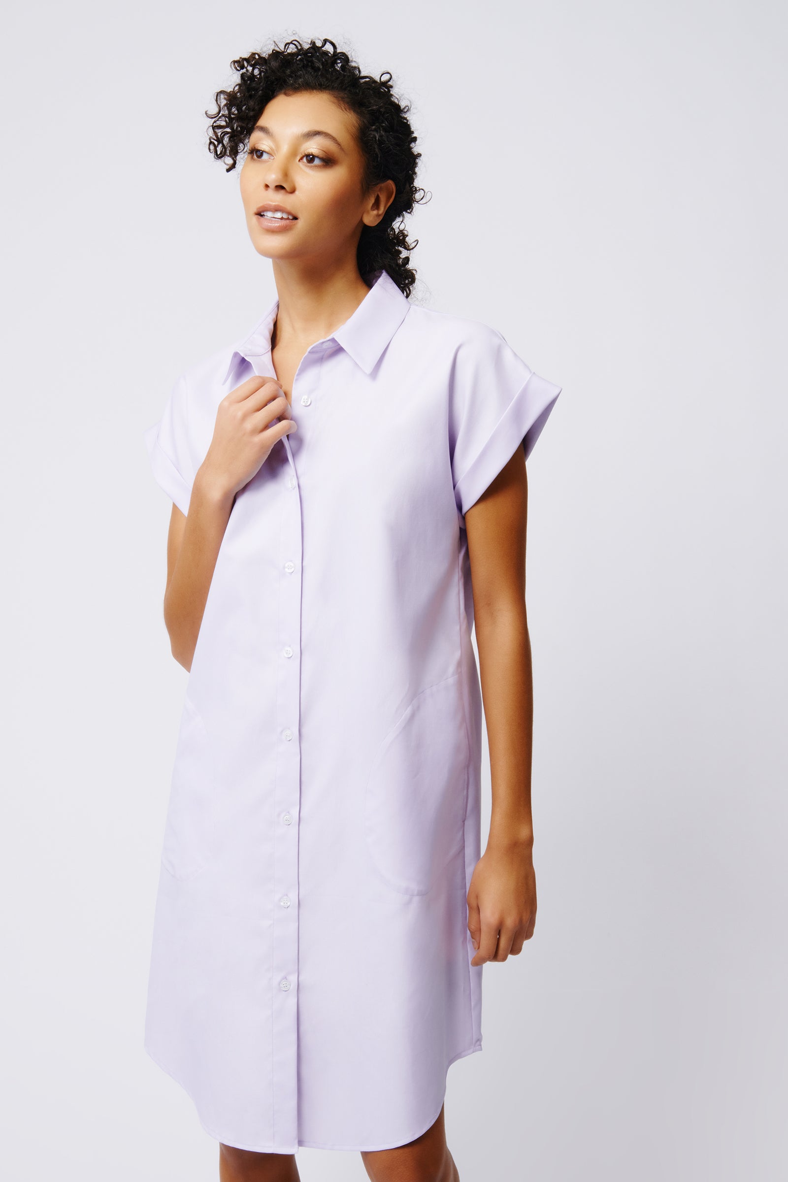 Kal Rieman Hedy Cuffed Cap Sleeve Shirt Dress in Lavender Pinpoint Oxford on Model Front View Crop 4