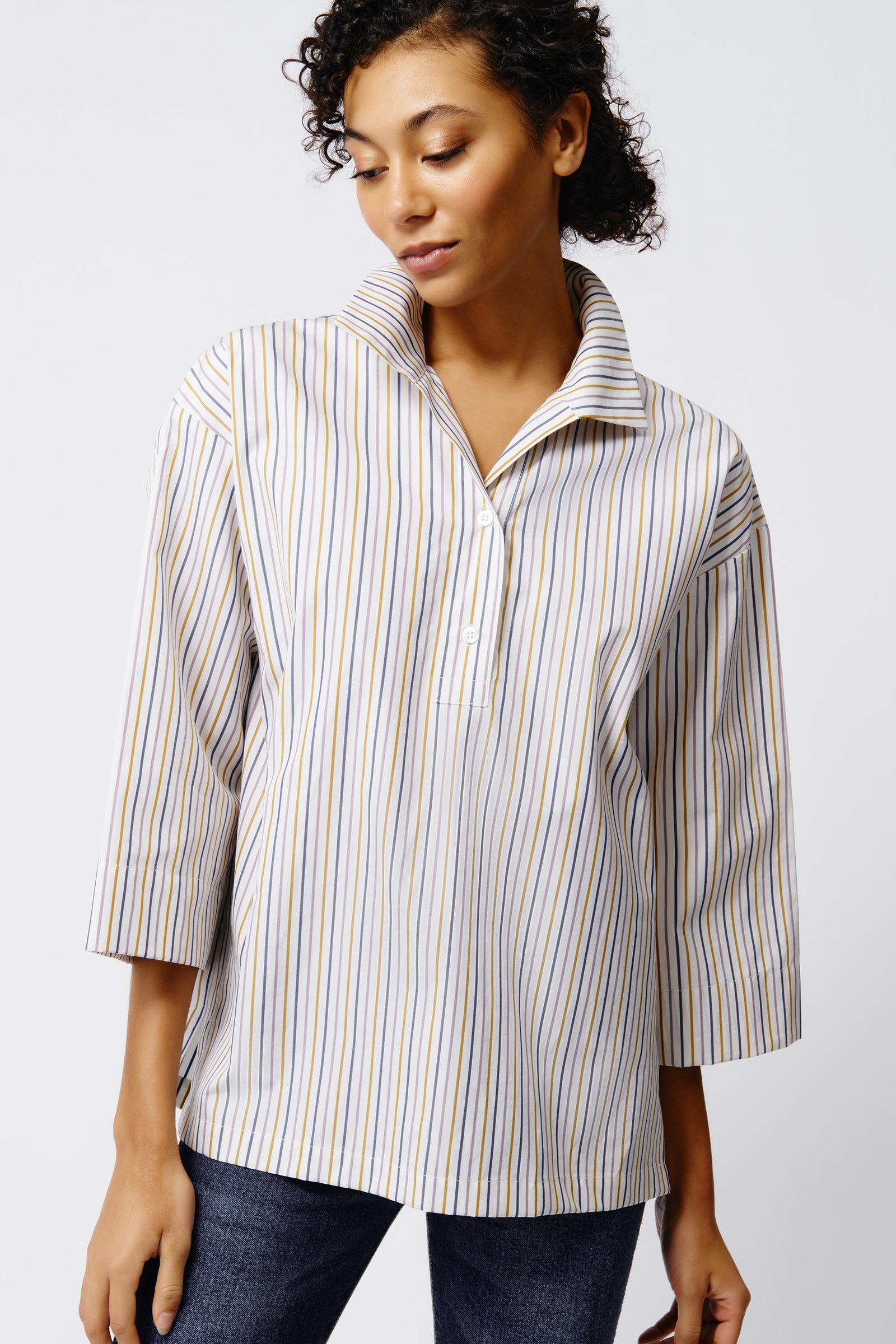 Kal Rieman Ida Drop Shoulder Tunic in Multi Stripe on Model Front View Crop 2