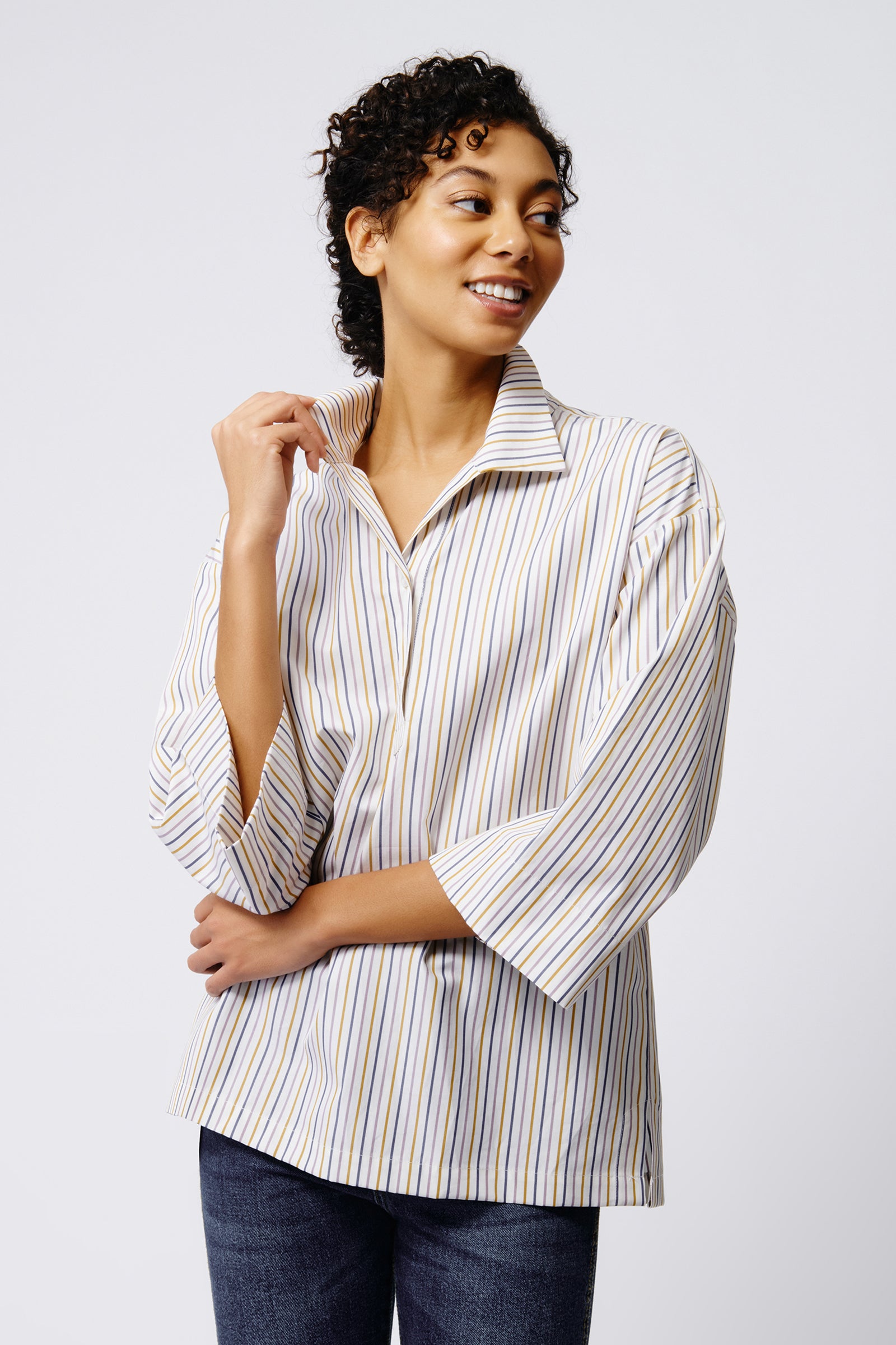 Kal Rieman Ida Drop Shoulder Tunic in Multi Stripe on Model Front View Crop 3