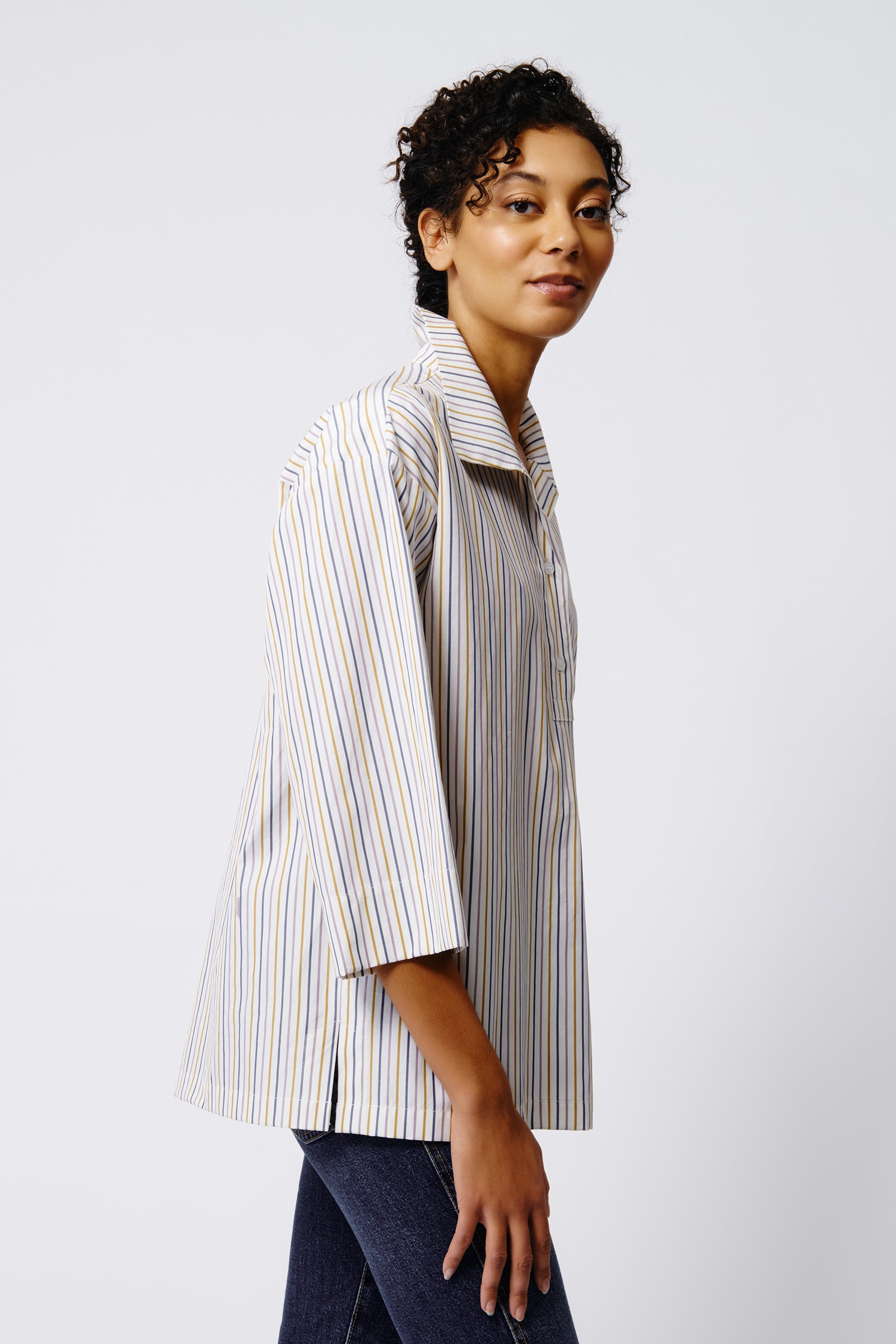 Kal Rieman Ida Drop Shoulder Tunic in Multi Stripe on Model Side View Crop