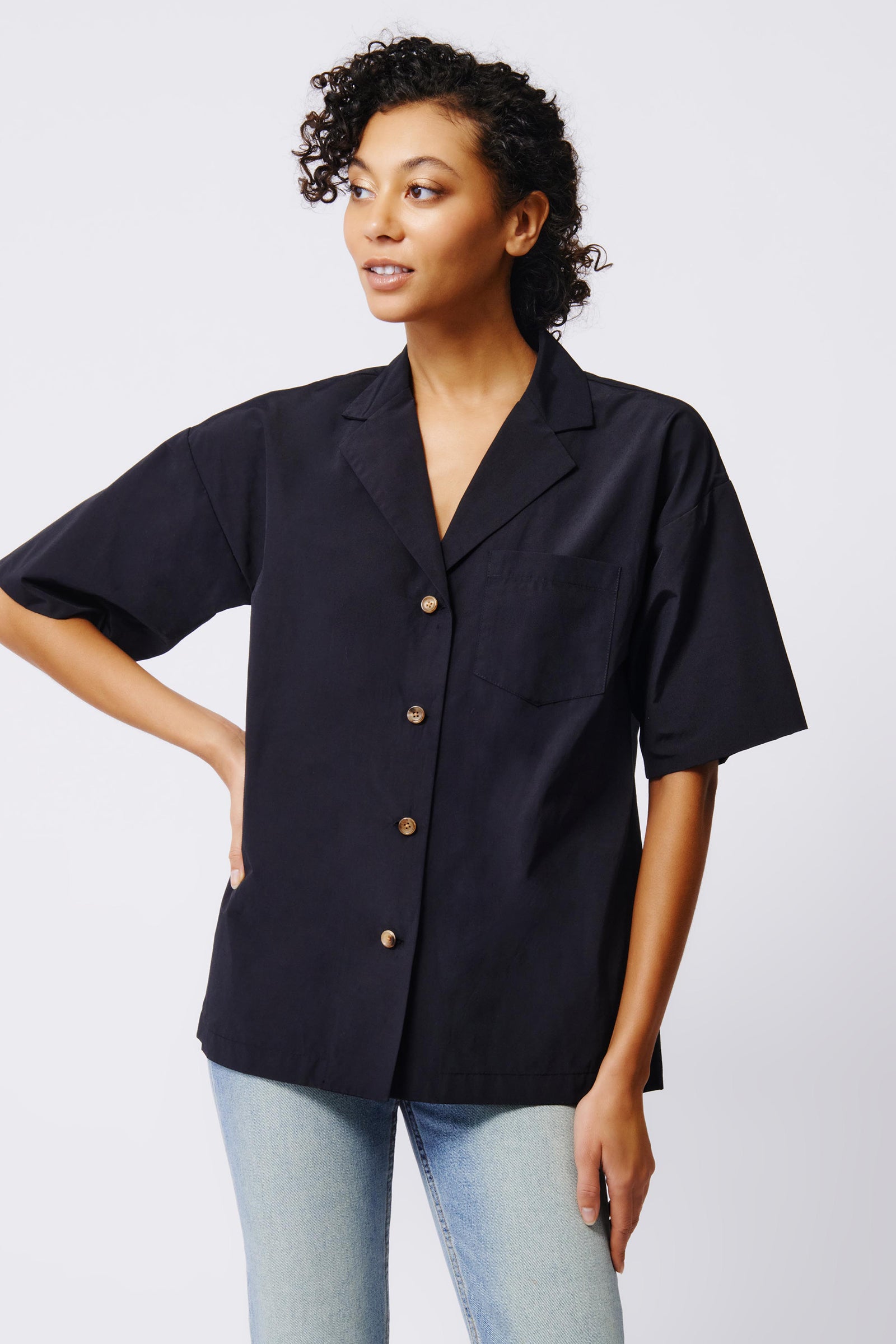 Kal Rieman Hudson Shirt Jacket in Black on Model Front View Crop