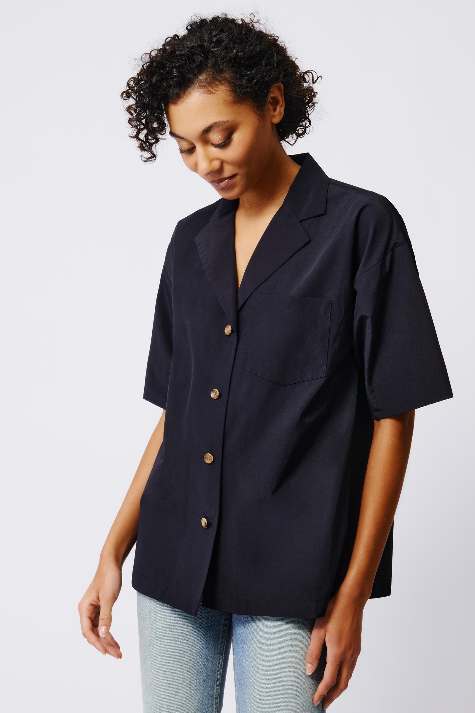Kal Rieman Hudson Shirt Jacket in Black on Model Front View Crop 2