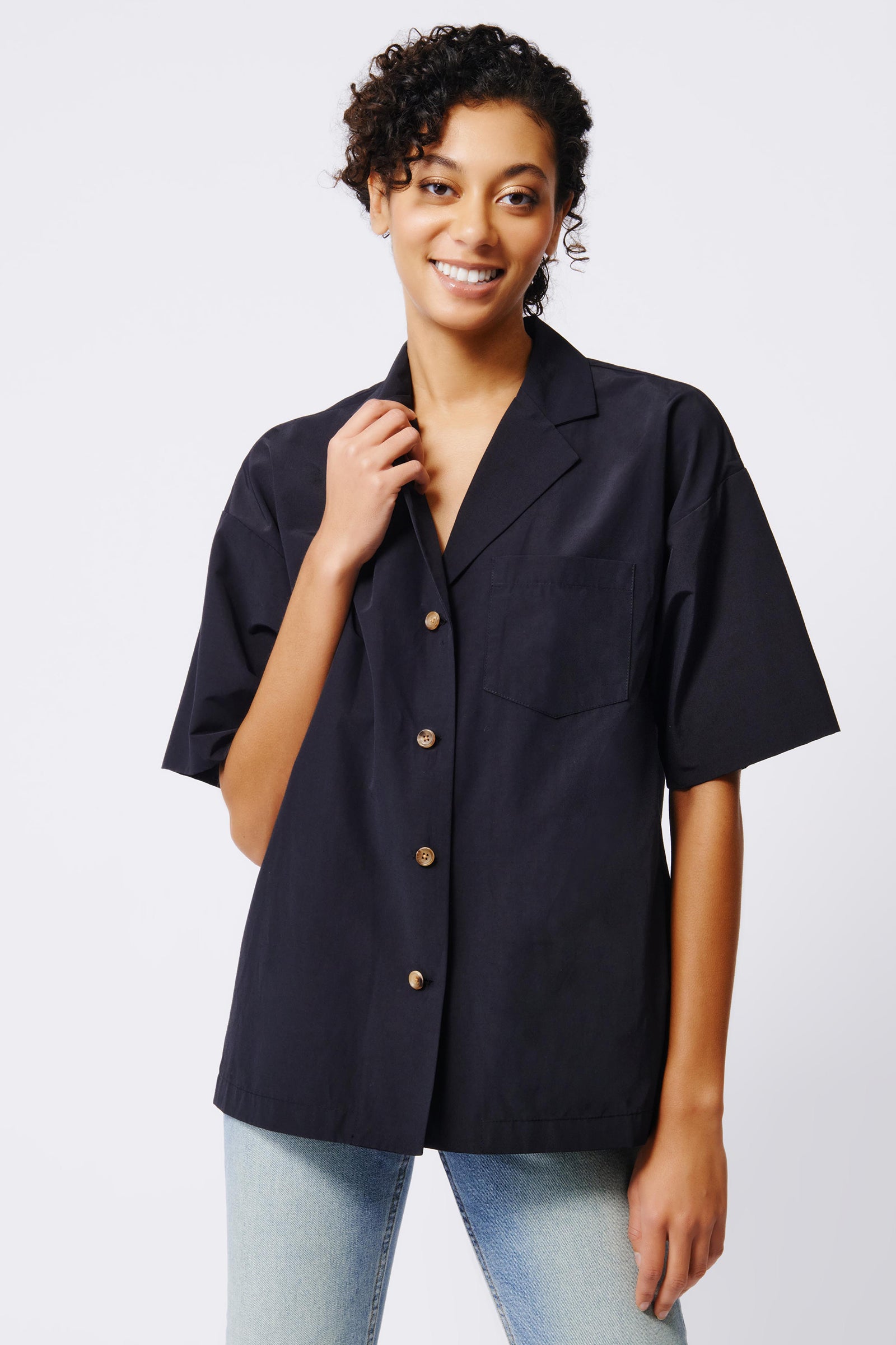 Kal Rieman Hudson Shirt Jacket in Black on Model Front View Crop 3