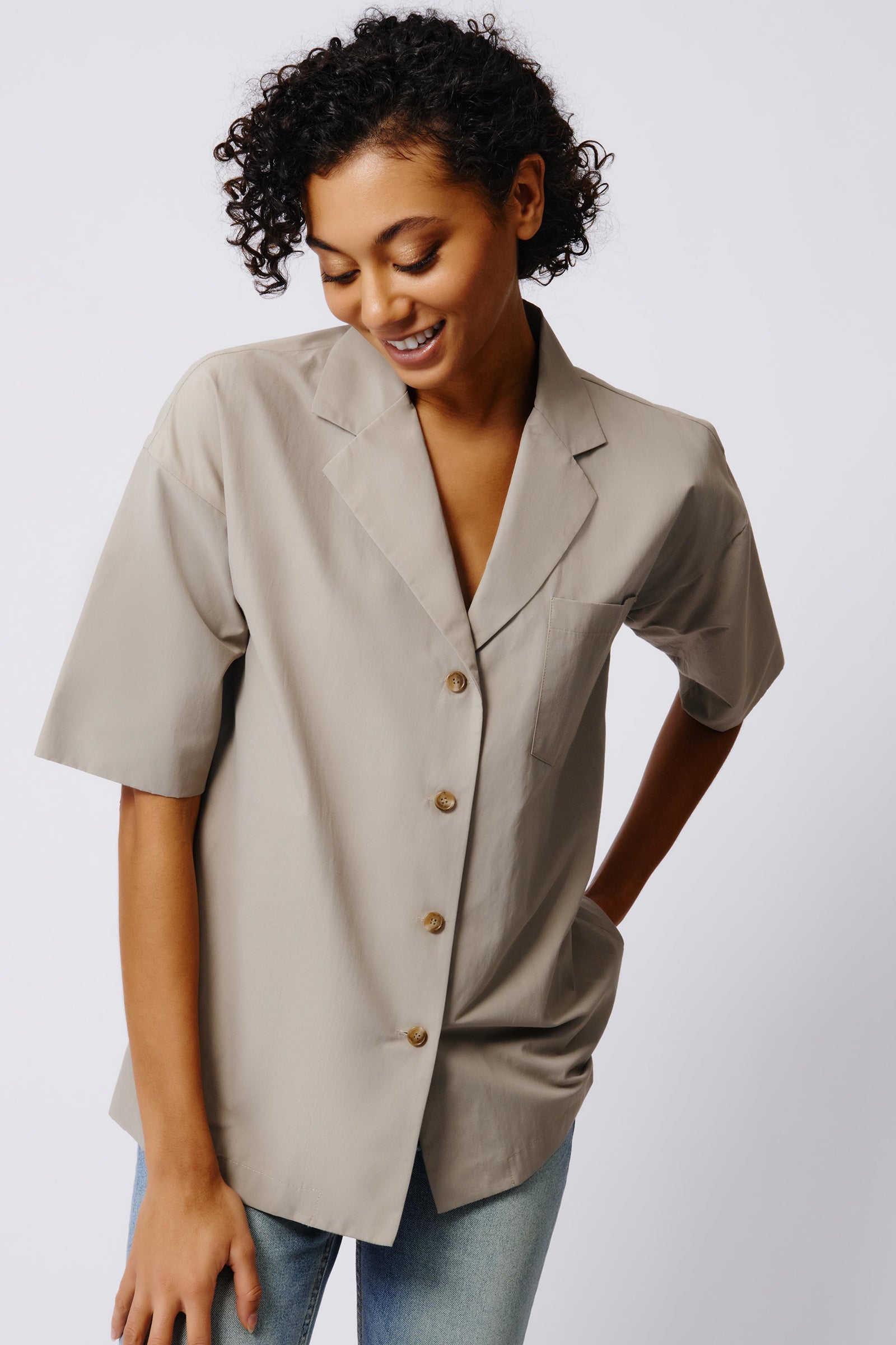 Kal Rieman Hudson Shirt Jacket in Military Khaki on Model Front View Crop