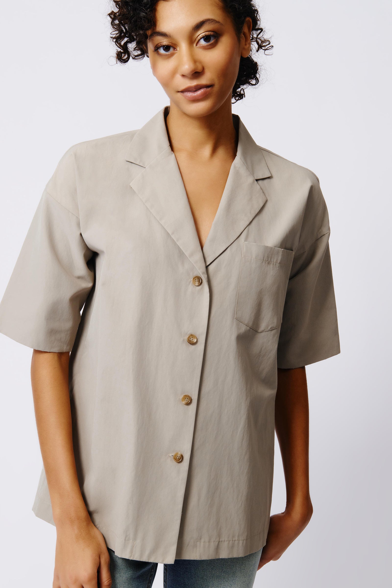 Kal Rieman Hudson Shirt Jacket in Military Khaki on Model Front View Crop 2