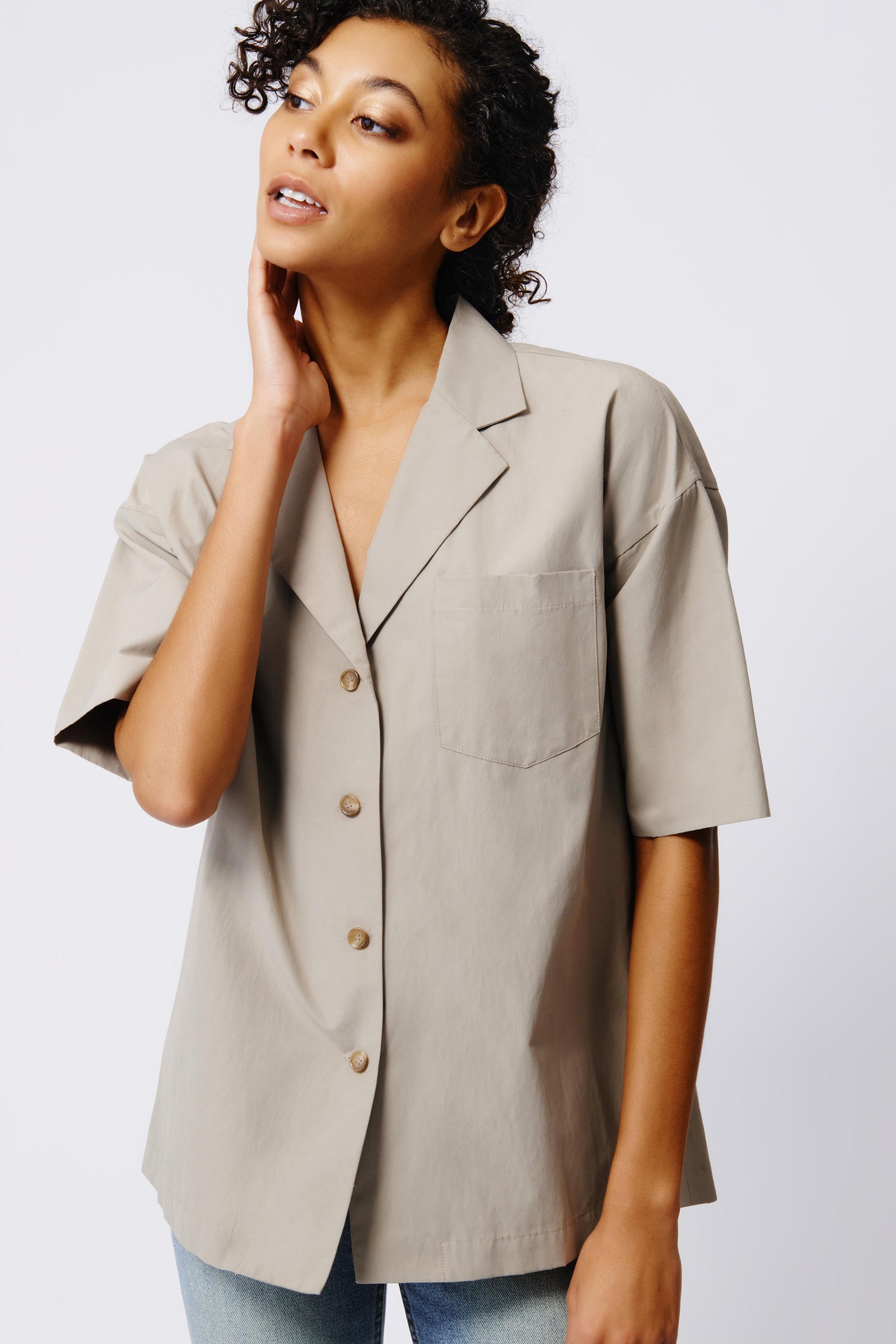 Kal Rieman Hudson Shirt Jacket in Military Khaki on Model Front View Crop 3
