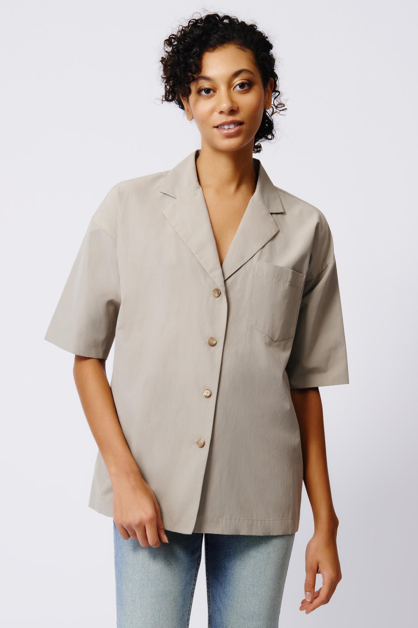 Kal Rieman Hudson Shirt Jacket in Military Khaki on Model Front View Crop 4