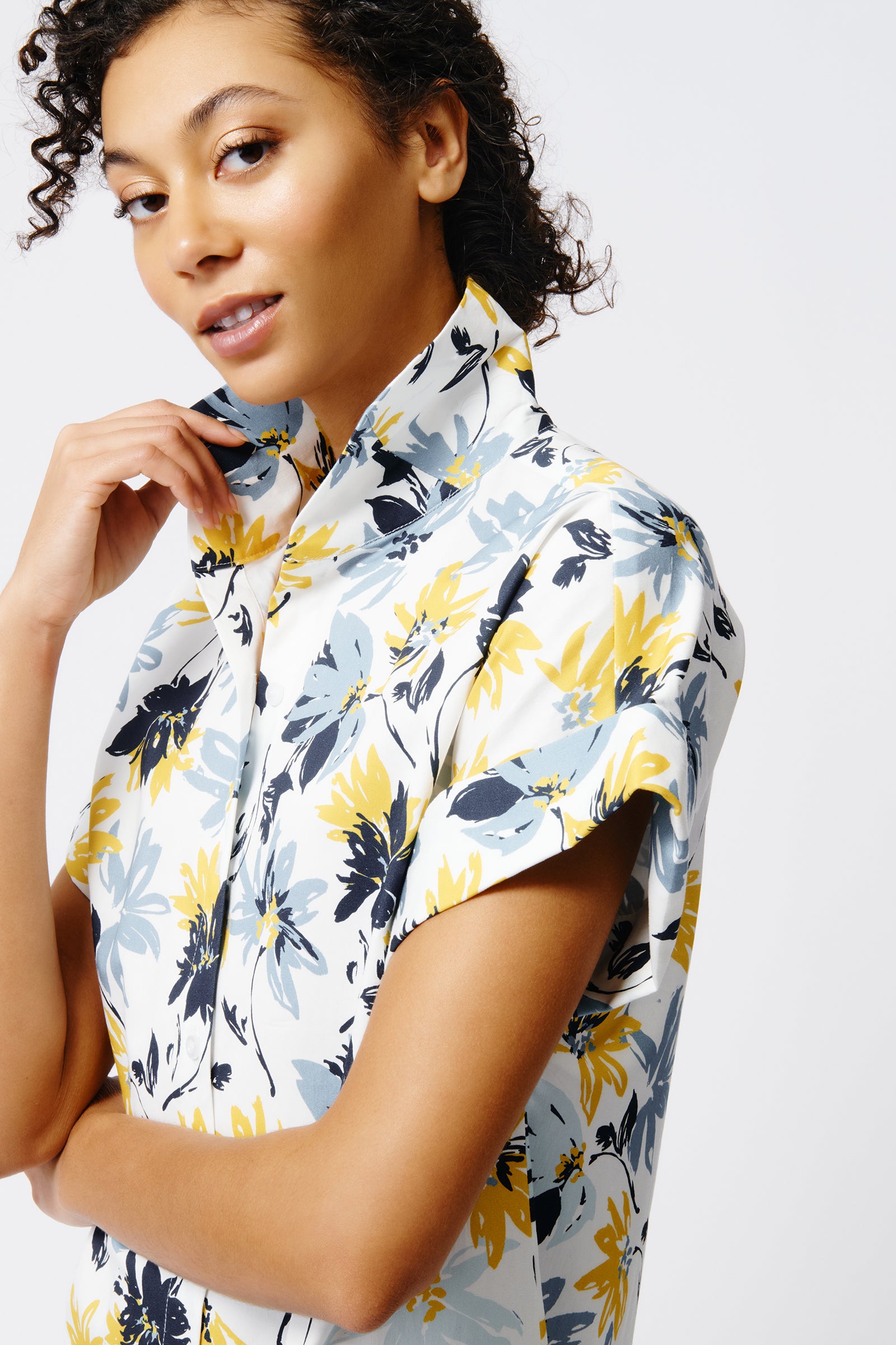 Kal Rieman Kimono Dress in Seafoam Floral on Model Front Closeup View