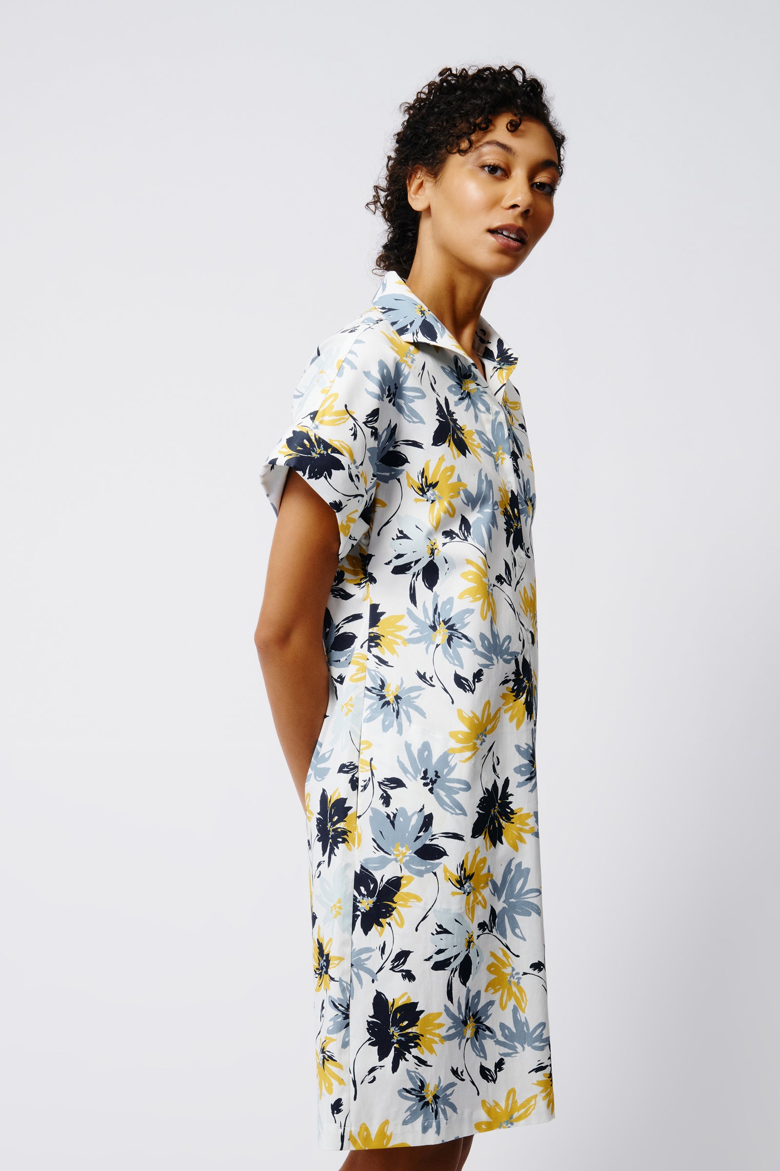 Kal Rieman Kimono Dress in Seafoam Floral on Model Side View Crop 3