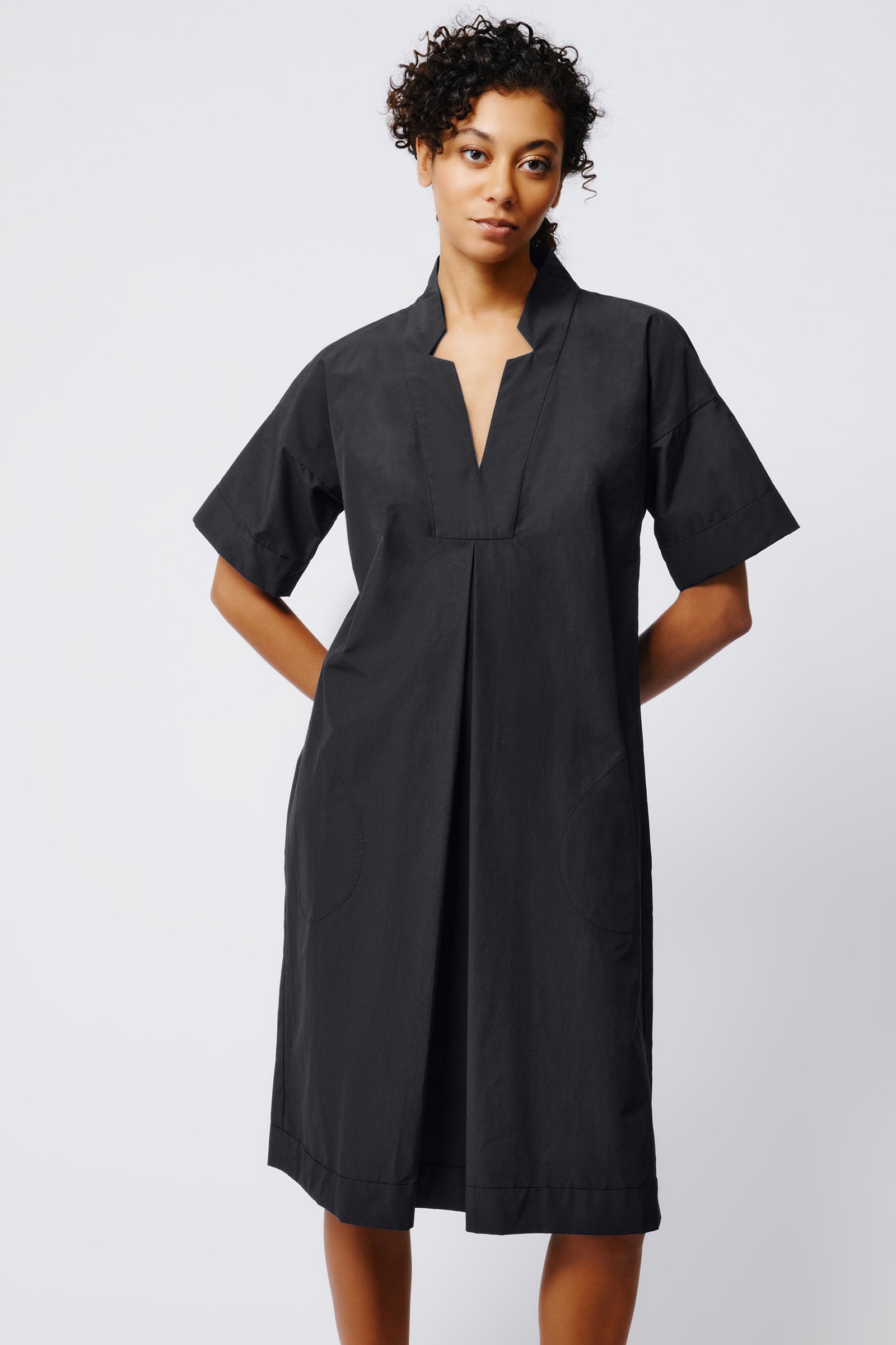 Kal Rieman Notch Placket Dress in Black on Model Front View Crop 5