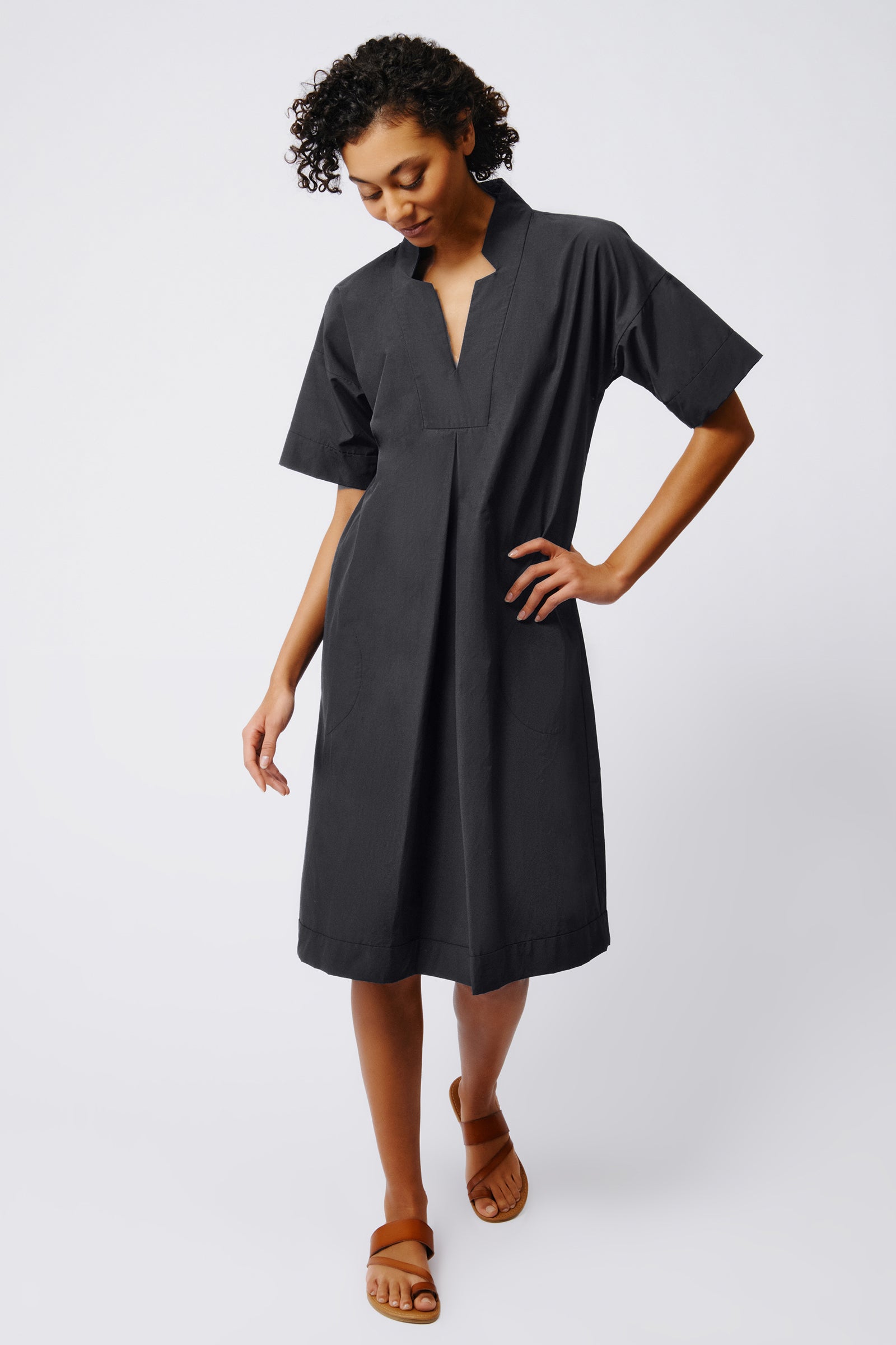 Kal Rieman Notch Placket Dress in Black on Model Full Front View