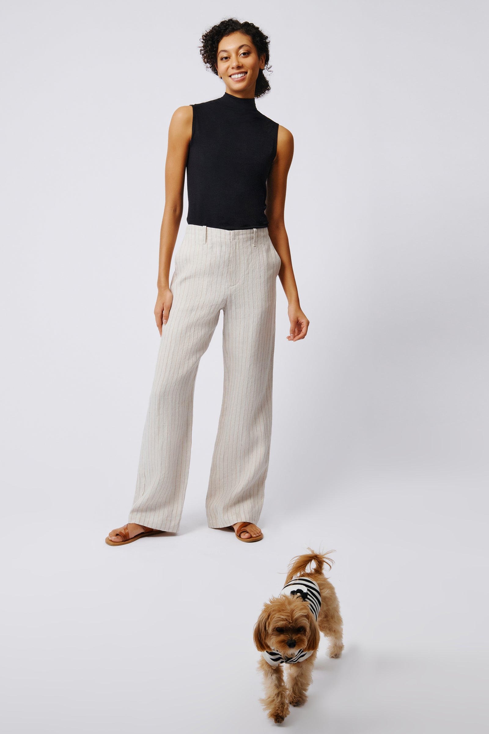 Kal Rieman Spencer Stove Pipe Pant in Khaki Stripe on Model Full Front View
