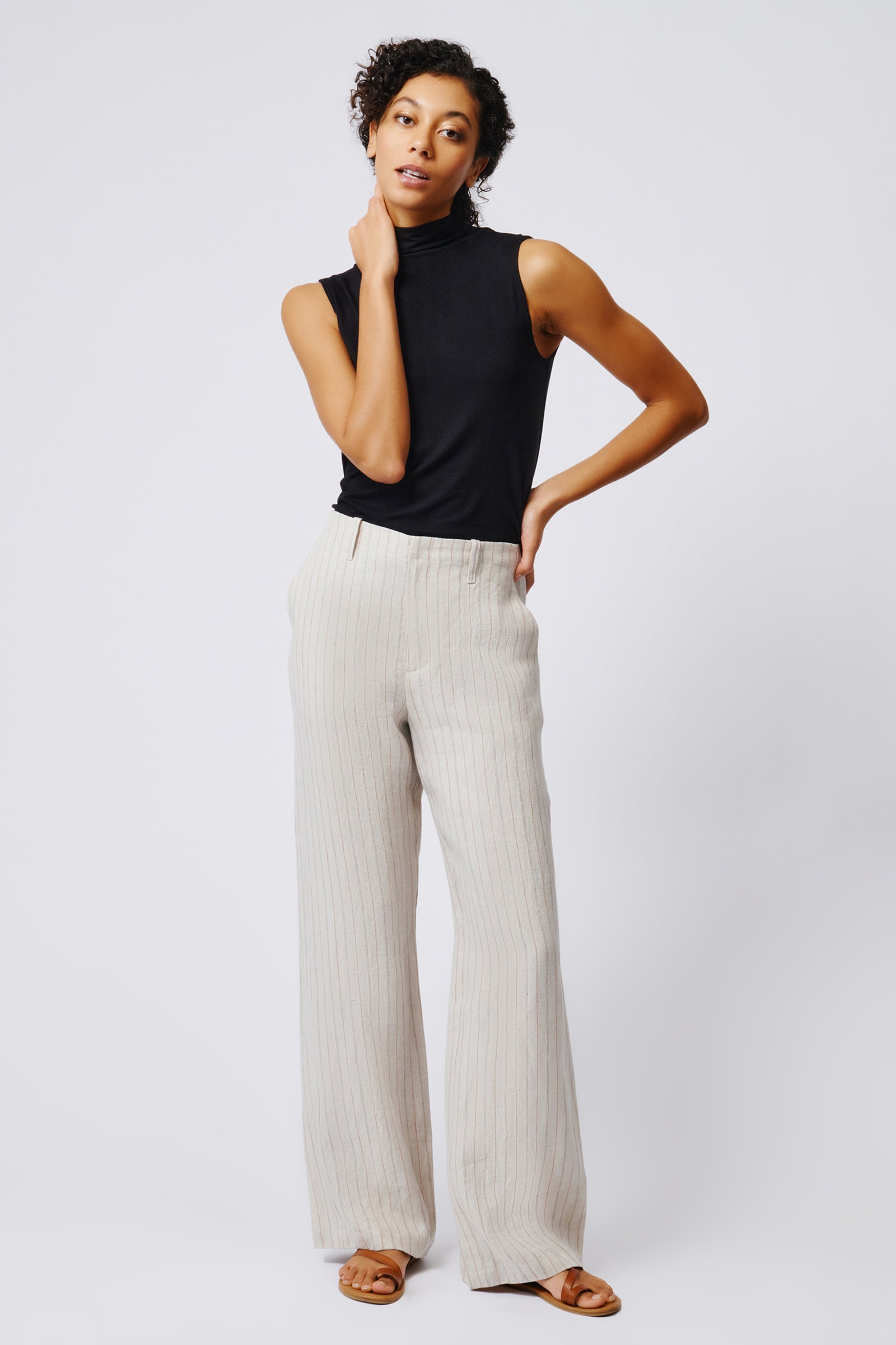 Kal Rieman Spencer Stove Pipe Pant in Khaki Stripe on Model Full Front View 2
