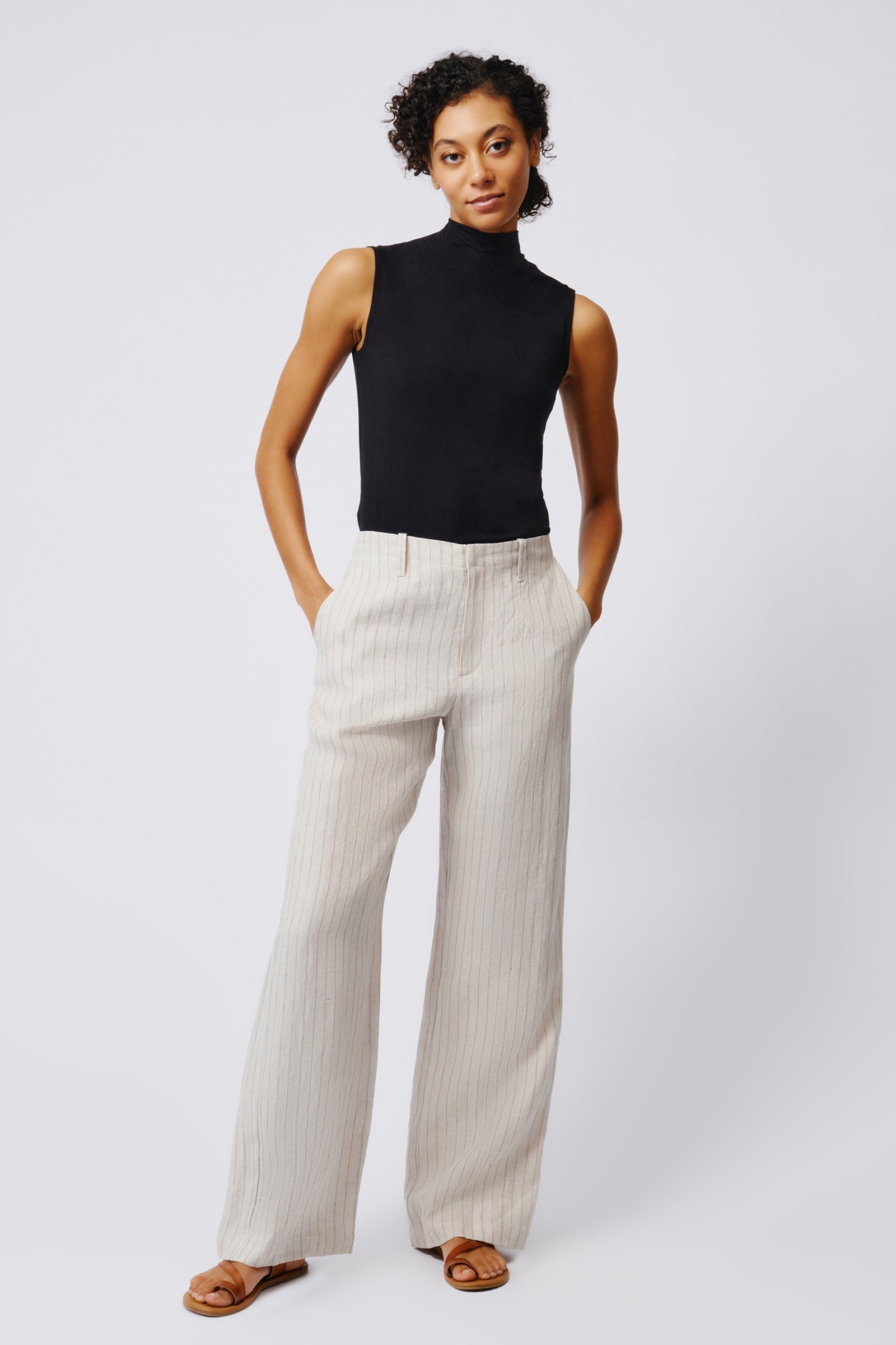 Kal Rieman Spencer Stove Pipe Pant in Khaki Stripe on Model Full Front View 3