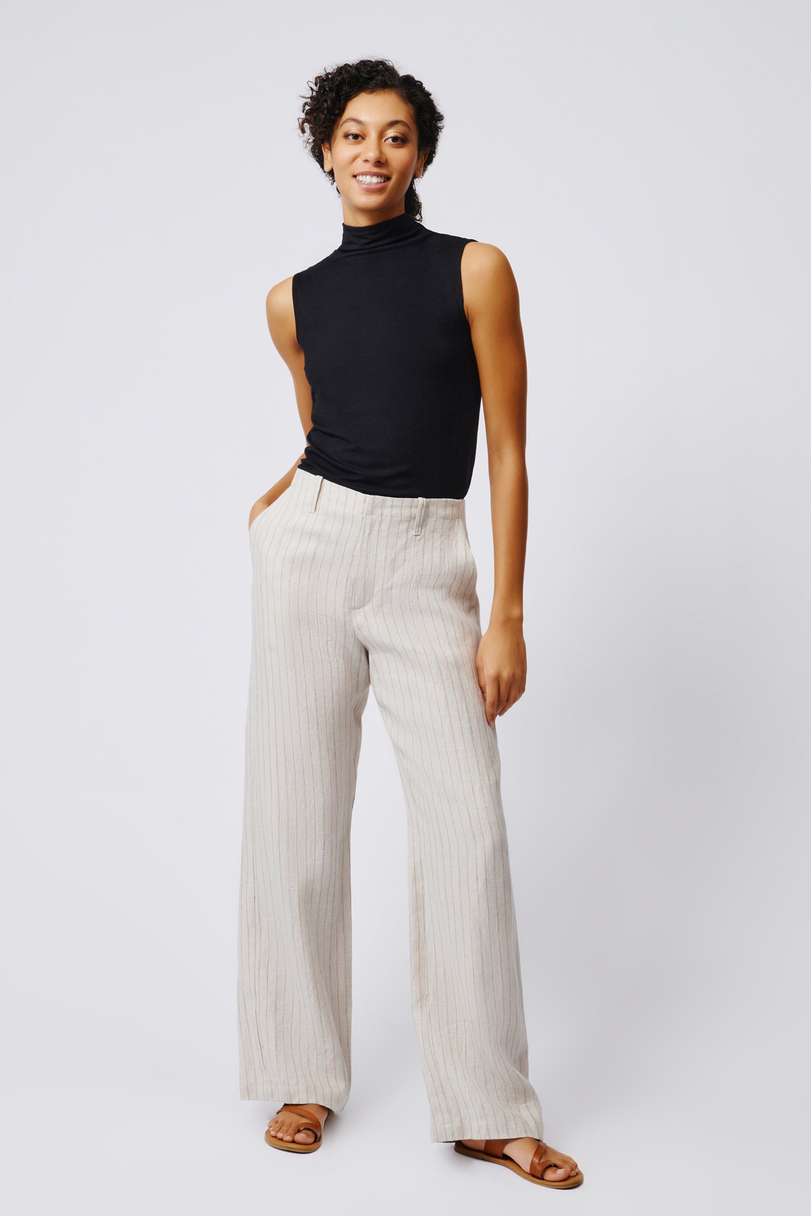 Kal Rieman Spencer Stove Pipe Pant in Khaki Stripe on Model Full Front View 4
