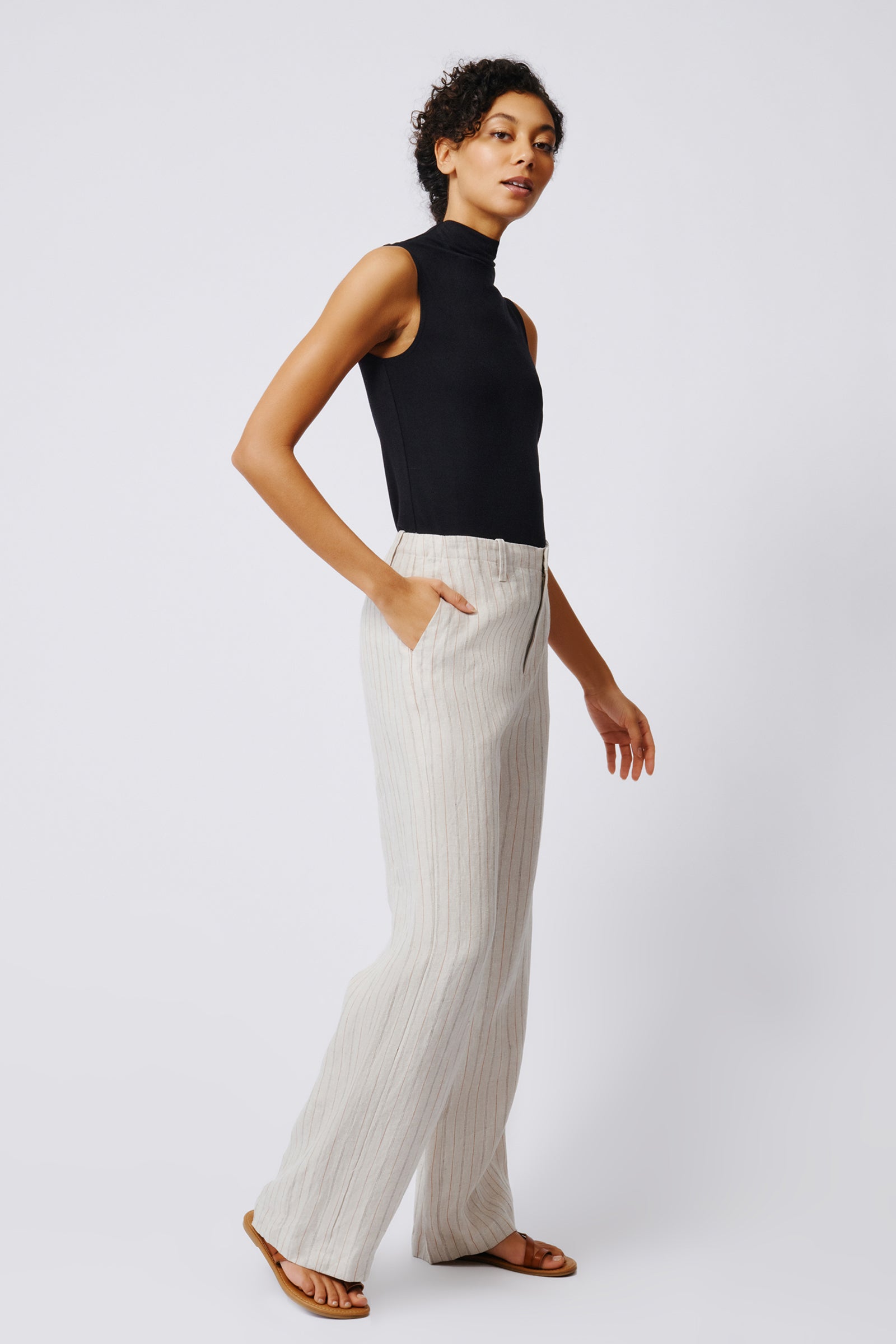 Kal Rieman Spencer Stove Pipe Pant in Khaki Stripe on Model Side Front View