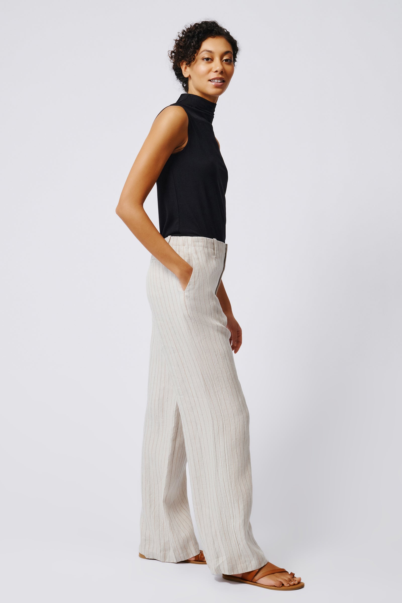 Kal Rieman Spencer Stove Pipe Pant in Khaki Stripe on Model Full Side View 2